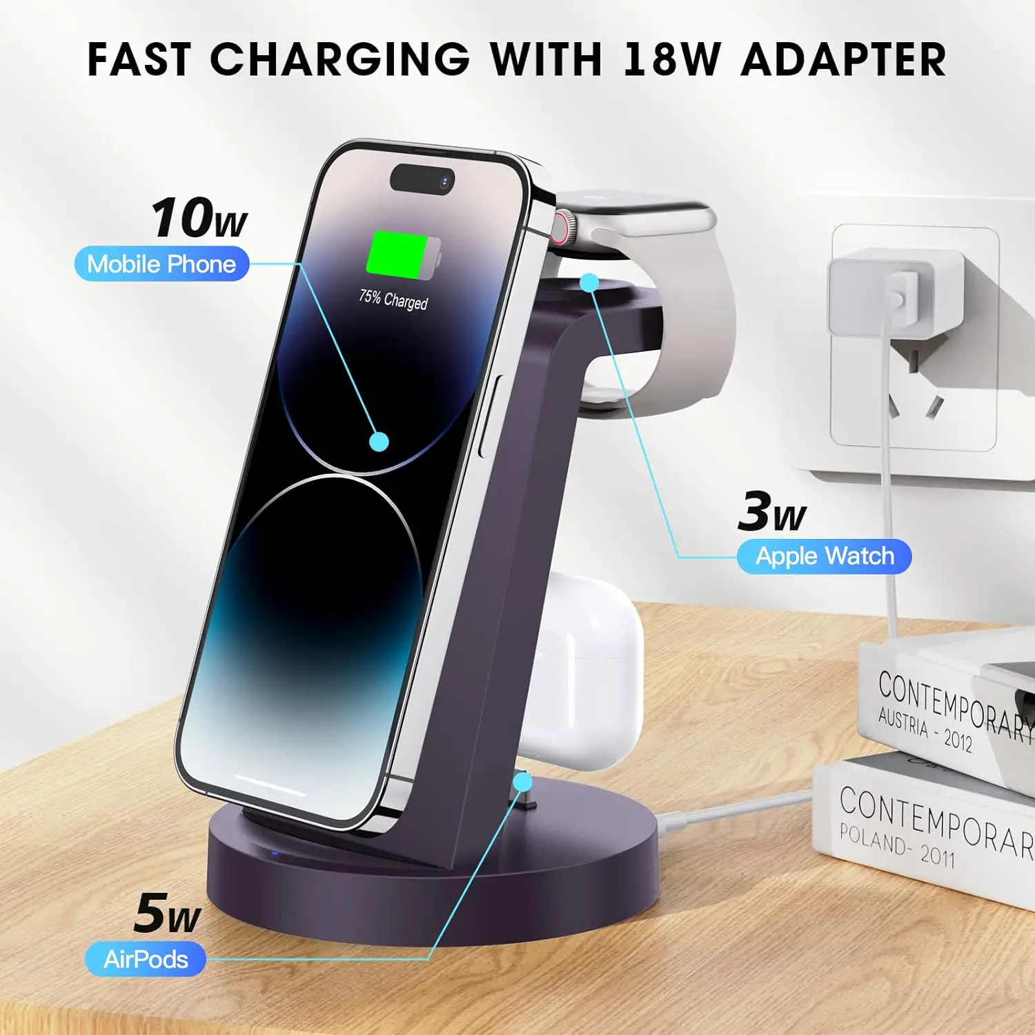 3 in 1 Charging Station for iPhone, Wireless Charger for iPhone 15 14 13 12 11 X Pro Max  Apple Watch - Charging Stand Dock for AirPods