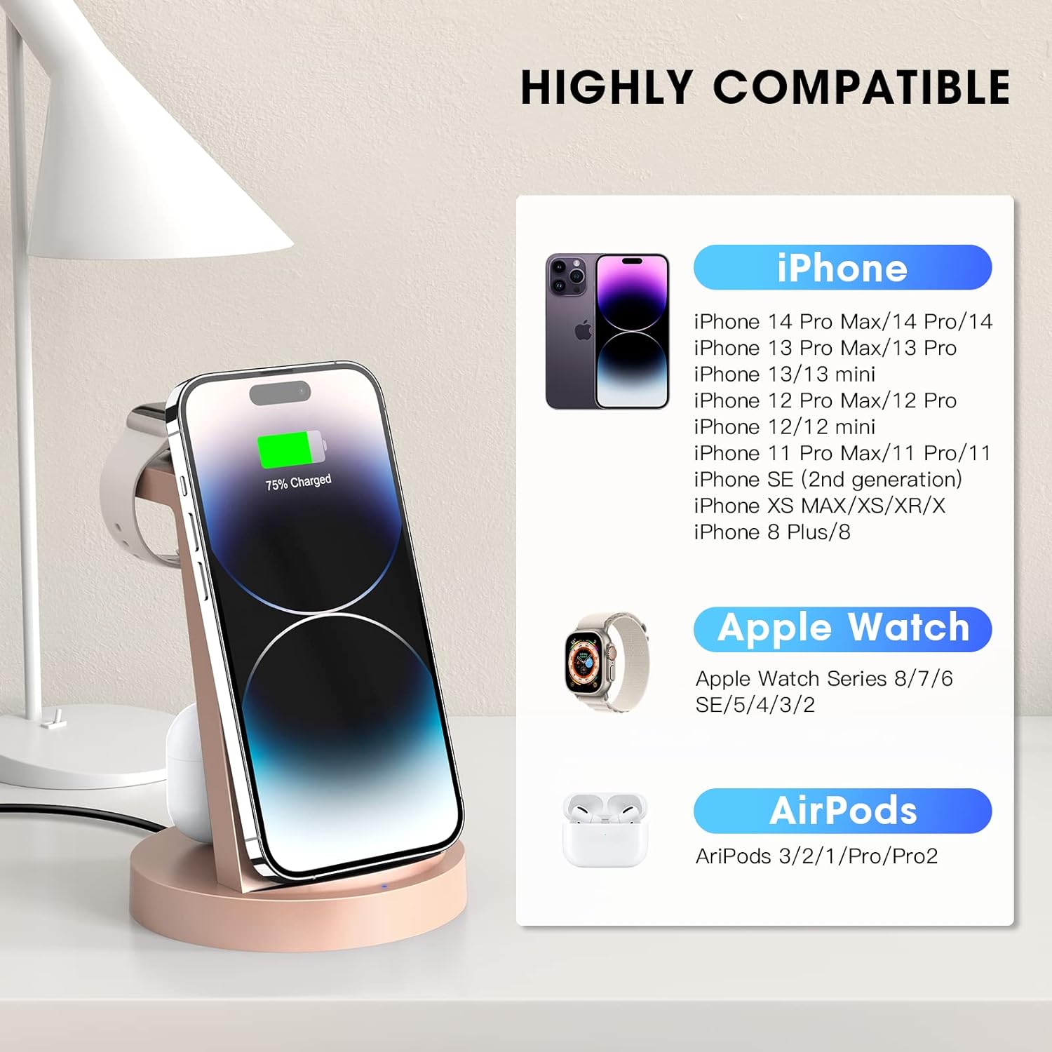 3 in 1 Charging Station for iPhone, Wireless Charger for iPhone 15 14 13 12 11 X Pro Max  Apple Watch - Charging Stand Dock for AirPods