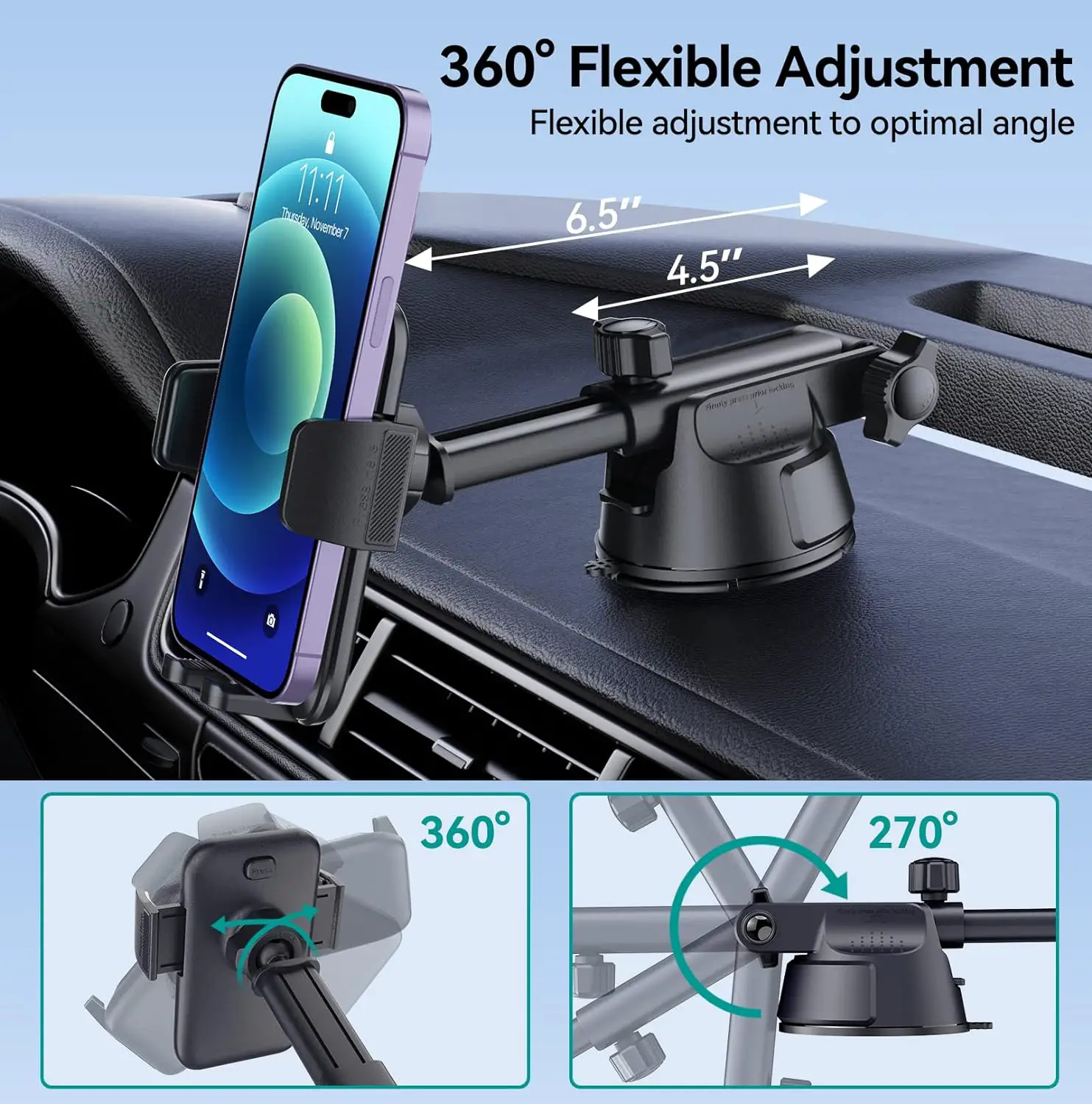 Car Phone Holder Mount, [Military-Grade Suction  Super Sturdy Base] 3 in 1 Universal Phone Mount For Car Dashboard Windshield Air Vent Hands Free Car Phone Mount for iPhone Android All Smartphone