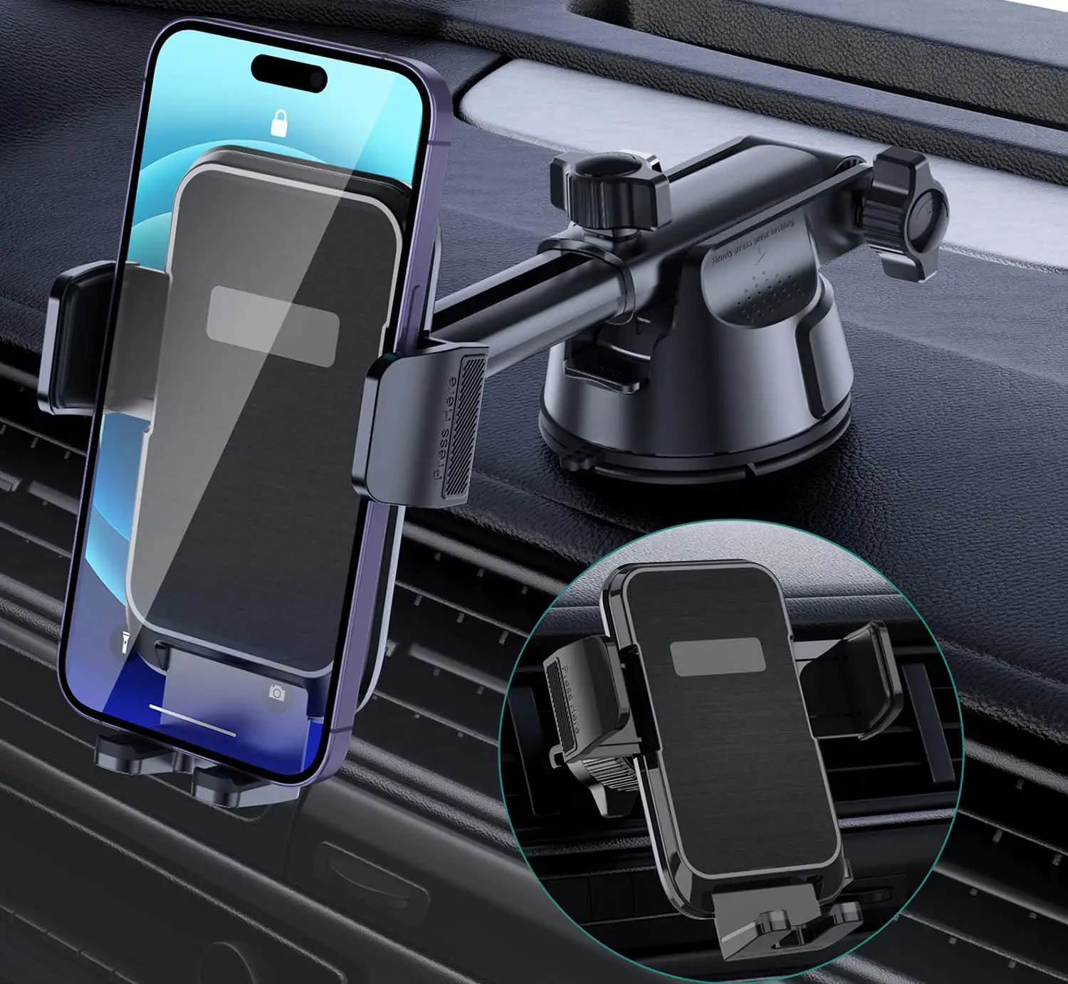 Car Phone Holder Mount, [Military-Grade Suction  Super Sturdy Base] 3 in 1 Universal Phone Mount For Car Dashboard Windshield Air Vent Hands Free Car Phone Mount for iPhone Android All Smartphone