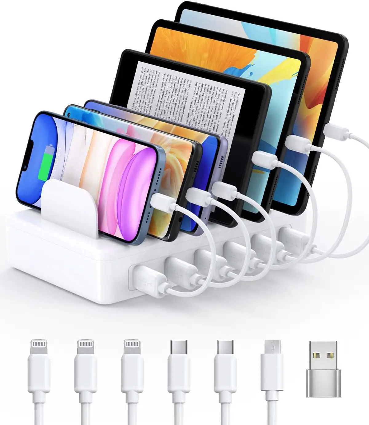 CREATIVE DESIGN Charging Station, 50W 6 Ports Multi Charger Station with 6 Charging Cables, USB Charging Dock for Multiple Devices, Compatible with Cellphone iPad Kindle Tablet and Other Electronic