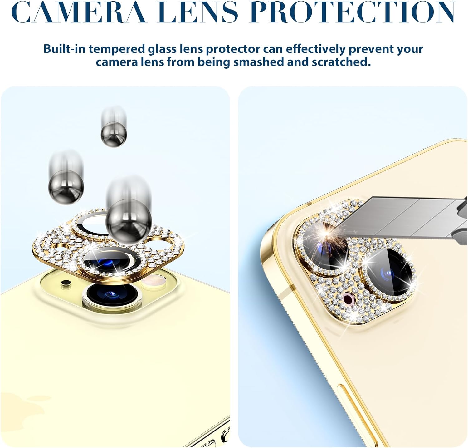 Goton for iPhone 15 Plus/iPhone 15 Camera Lens Protector, Bling Tempered Glass Camera Screen Protector Glitter Diamond Metal Lens Cover for 15 Plus / 15 Camera Accessories Silver