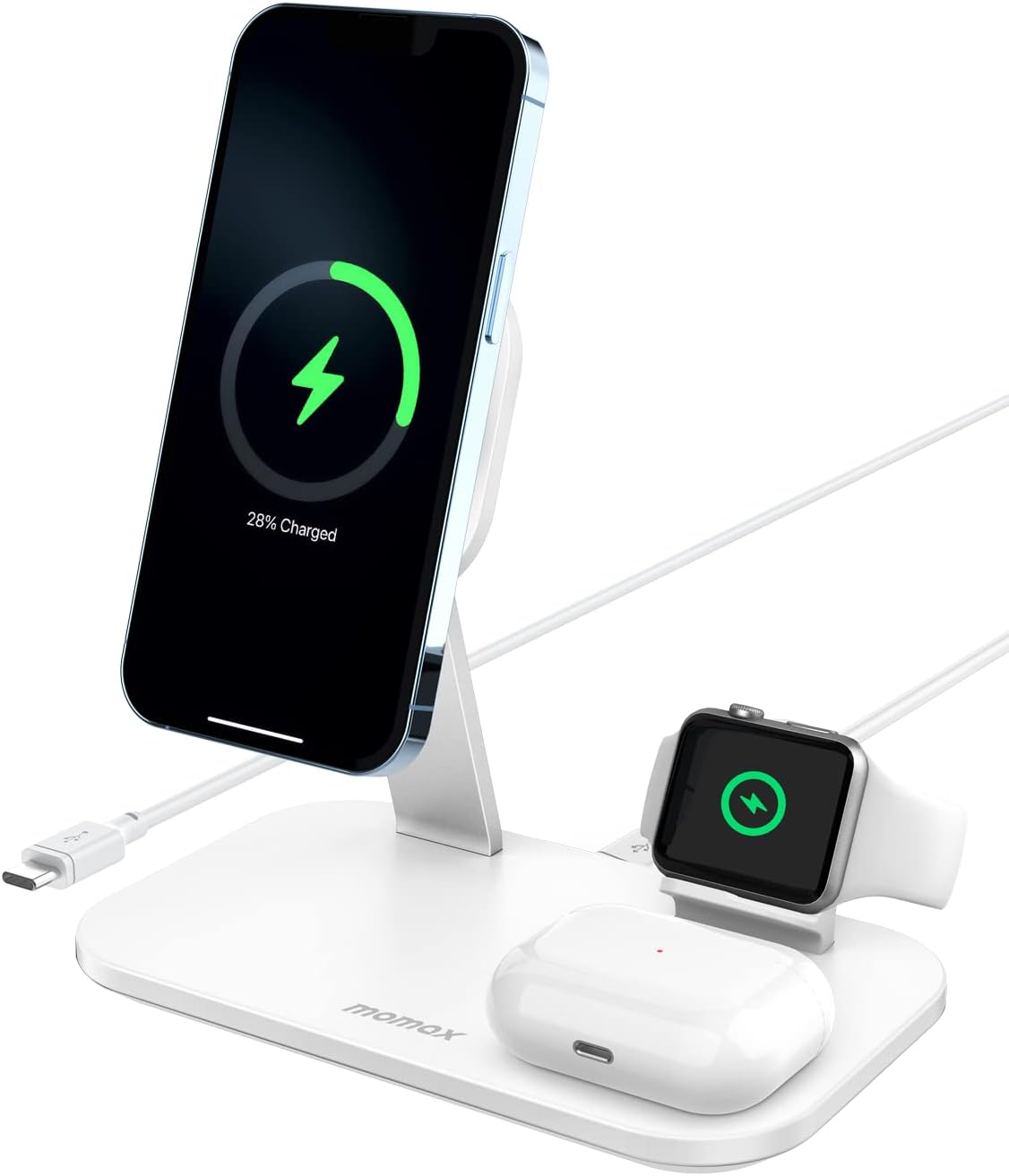 MOMAX Magnetic Wireless Charging Station，25W 3 in 1 Q.Mag Pro Wireless Charger Stand Fast Charging Station only for iPhone 15,14,13,12 Series, AirPods Pro, Apple Watch 1-9 Series (No AC Adapter)