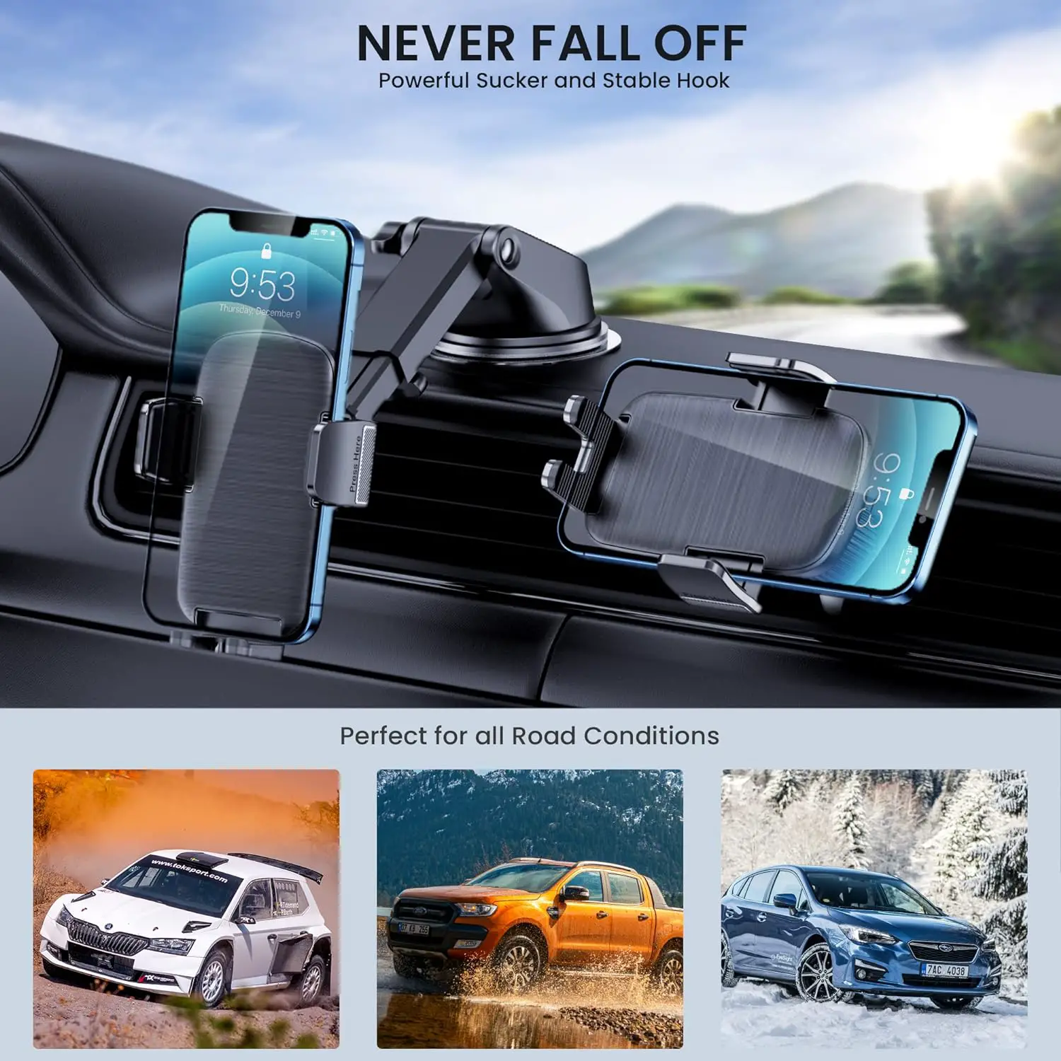 Phone Mount for Car Phone Holder [Military-Grade Suction  Stable Clip]Car Phone Holder Mount Windshield Dashboard Air Vent Universal Cell Phone Automobile Mount Fit For All iPhone Android Smartphones