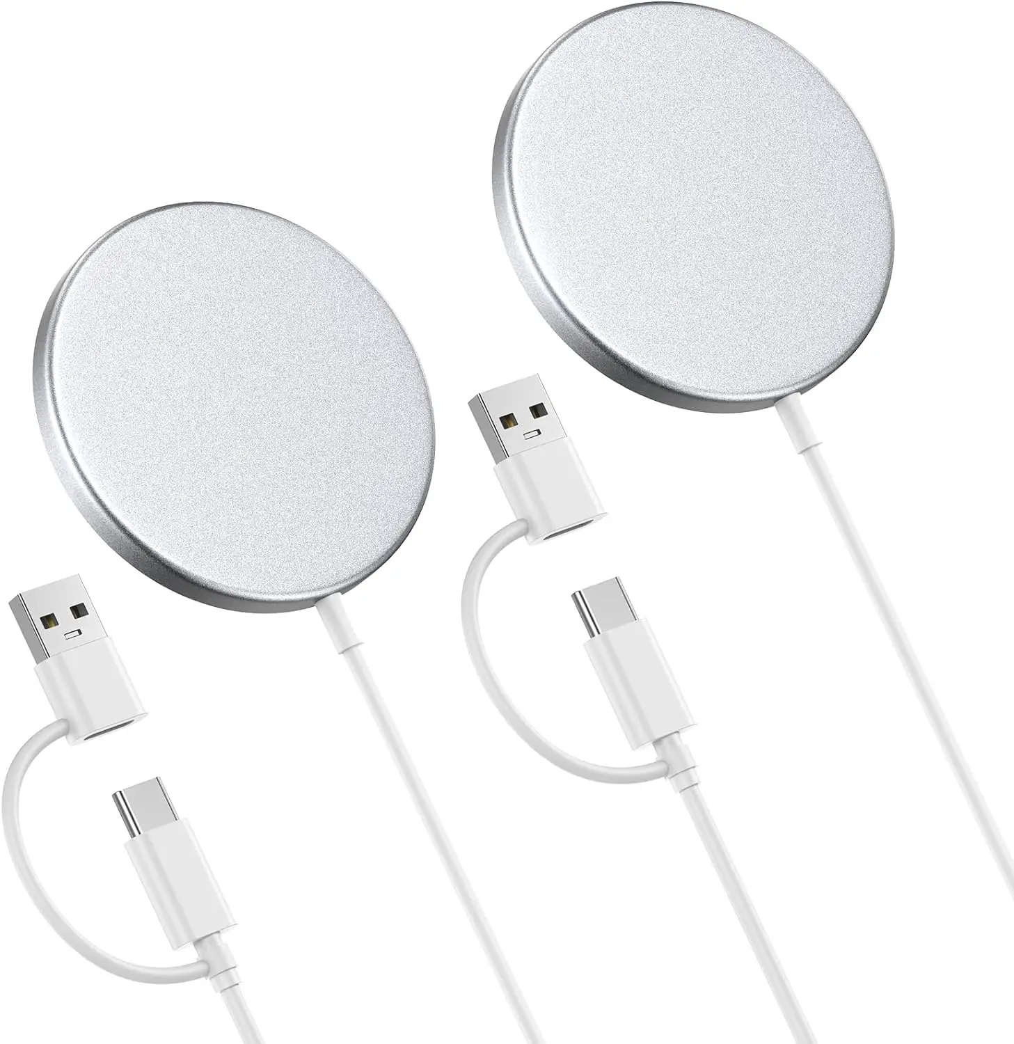 2 Pack Meifigno Magnetic Wireless Charger 15W Fast Mag-Safe Charger for iPhone 15 14 13 12 Pro Max Plus Mini, AirPods 3/Pro 2/Pro, Wireless Charging Pads with 5ft Dual Charging Port Cable,Metal Silver