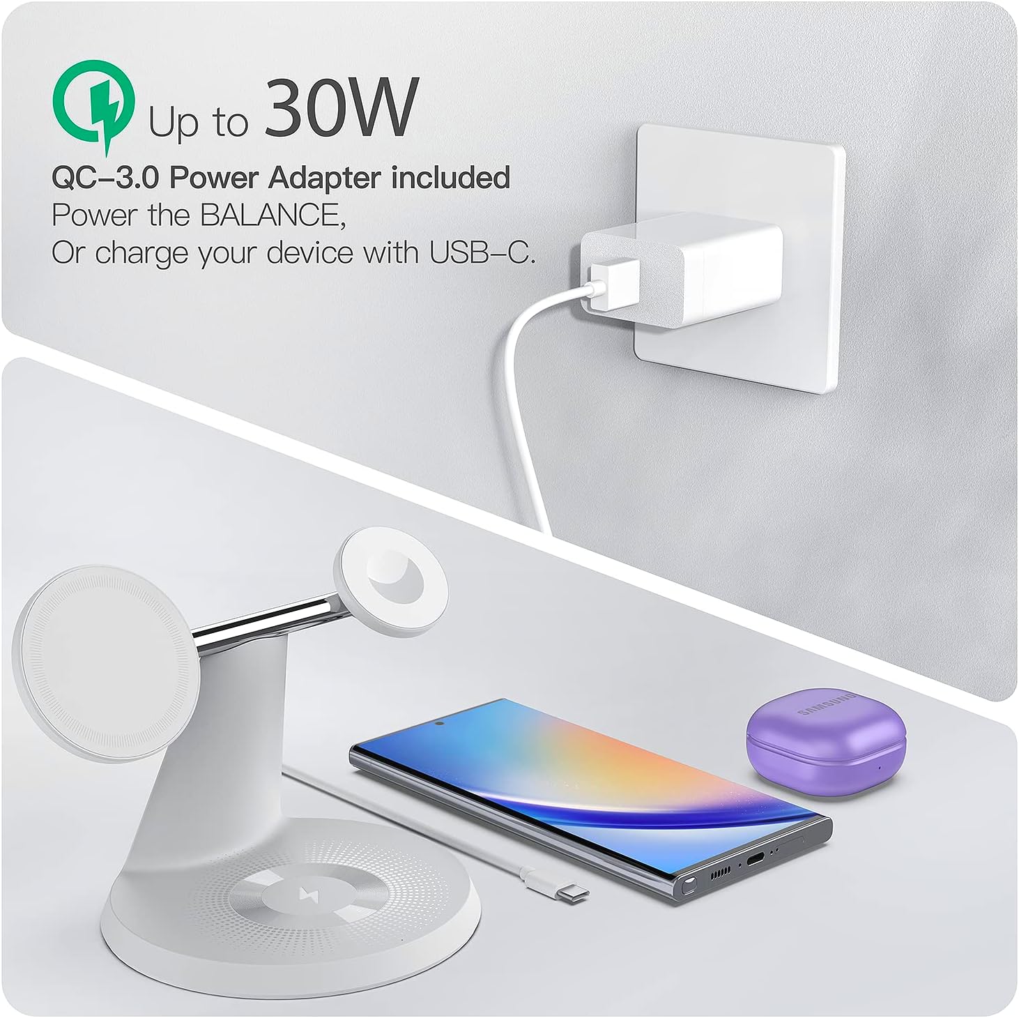 3 in 1 Charging Station for Apple Devices,Mag-Safe Charger Stand Fast Charging,Wireless Charger for iPhone 15/14/13/12 Series,Apple Watch Series 1-9/Ultra,AirPods Pro(30W USB-C Charger Included)