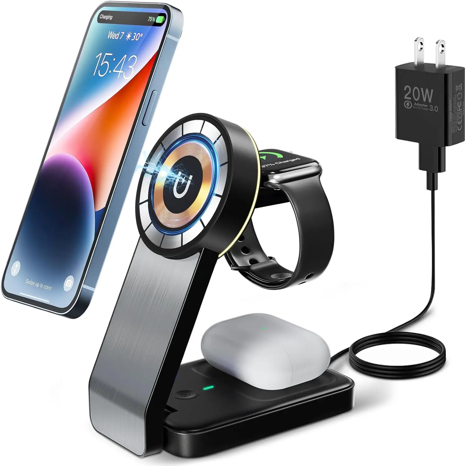 3 in 1 Foldable Magnetic Wireless Charging Station Dock with Light for iPhone 15/14/13/12 Series, Mag-Safe Travel Charger Stand for Apple Watch Ultra 8/7/6/5/4/3/2, and for AirPods, (Pink)