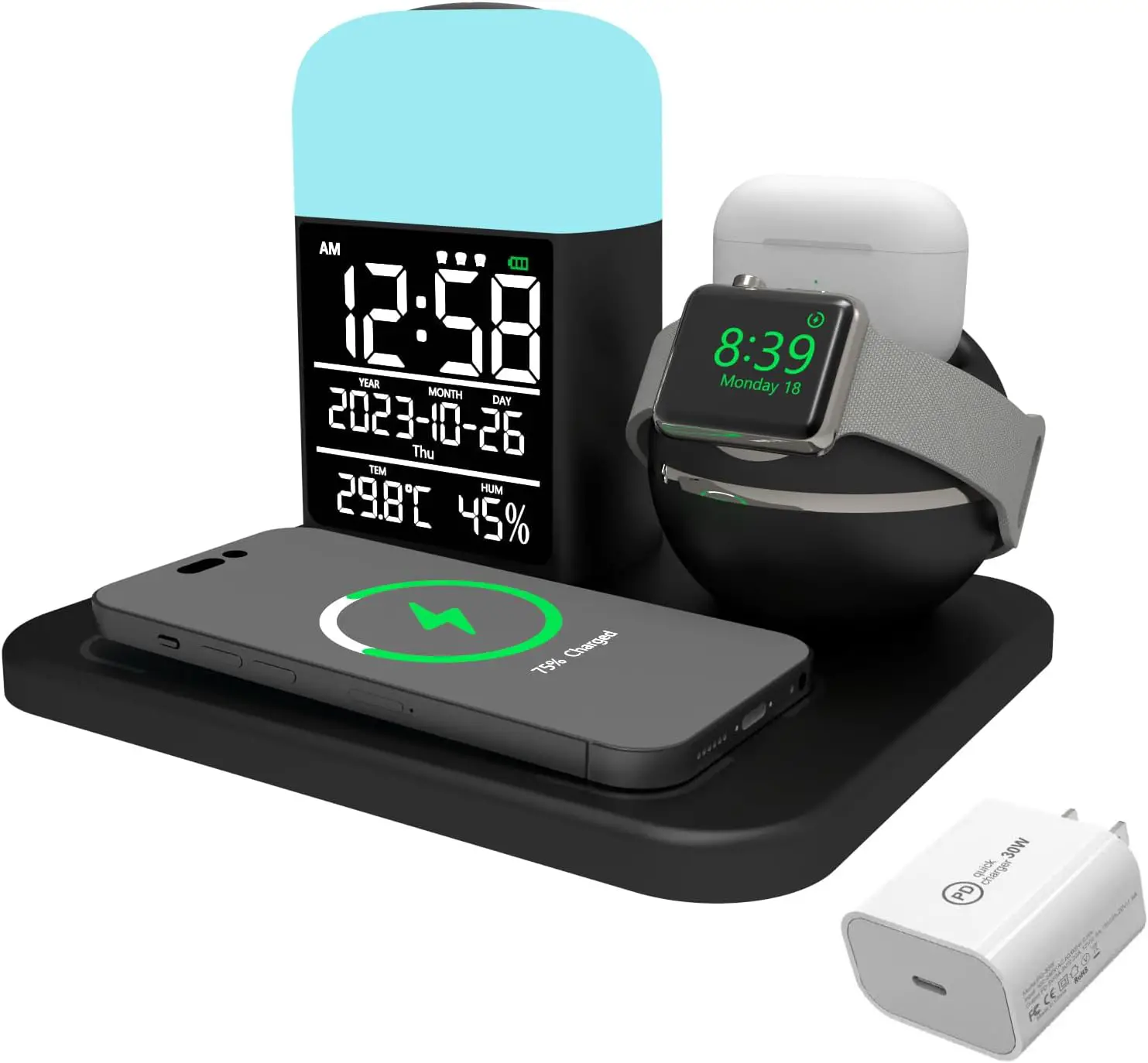 3 in 1 Wireless Charging Station,Wireless Charger Compatible for iPhone 14/13/12/11/Pro/Max/XS/XR/Plus/Apple Watch 8/7/6/5/4/3/AirPods 3/2/Pro.Digital Alarm Clock with Night Light for Office Bedroom