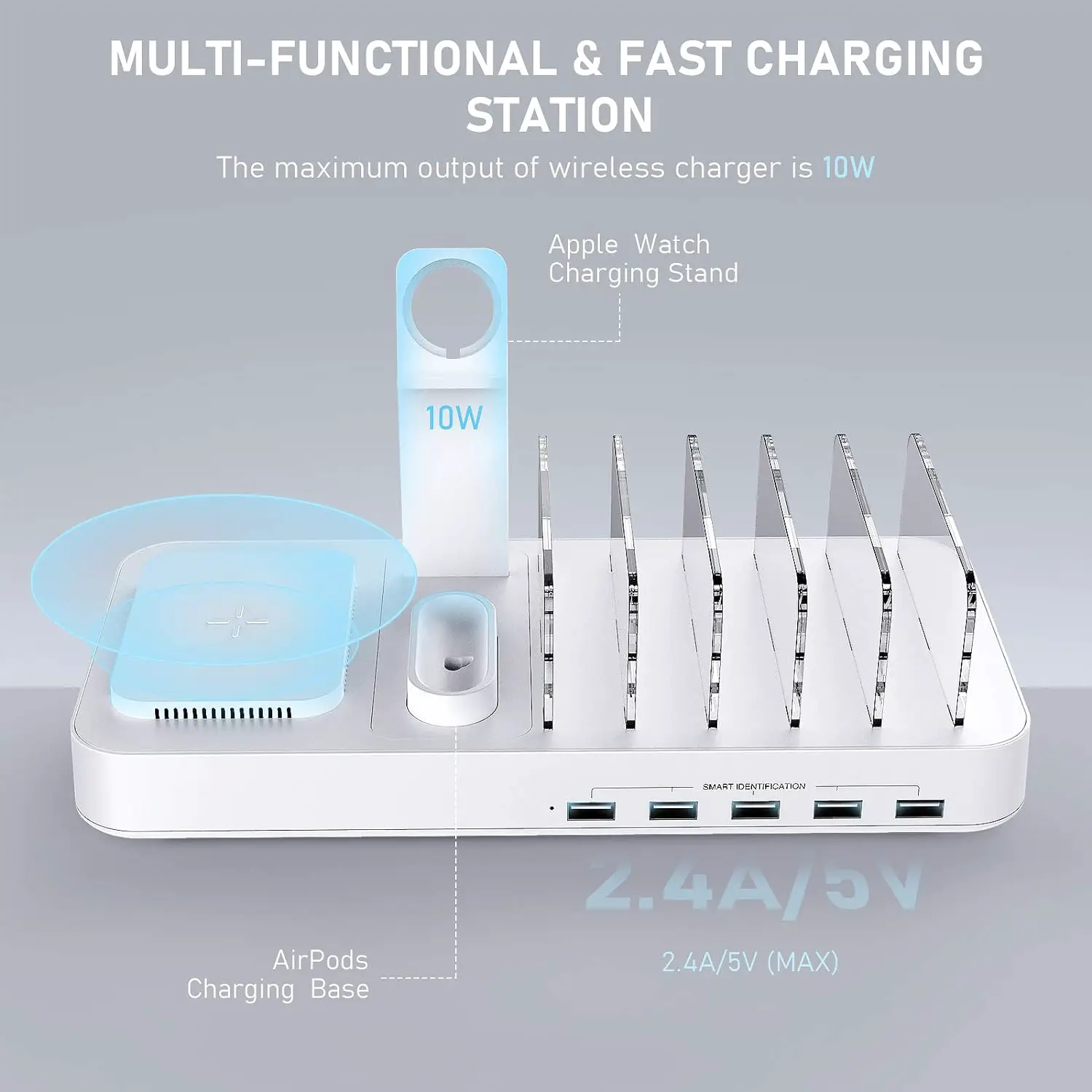 8 in 1 Wireless Charging Station for Multiple Devices, Charging Dock with AirPods iWatch Stand, 10W Wireless Charger and 9 Short Mixed Cables for iPhone/iPad/Android/Tablets-Blcak