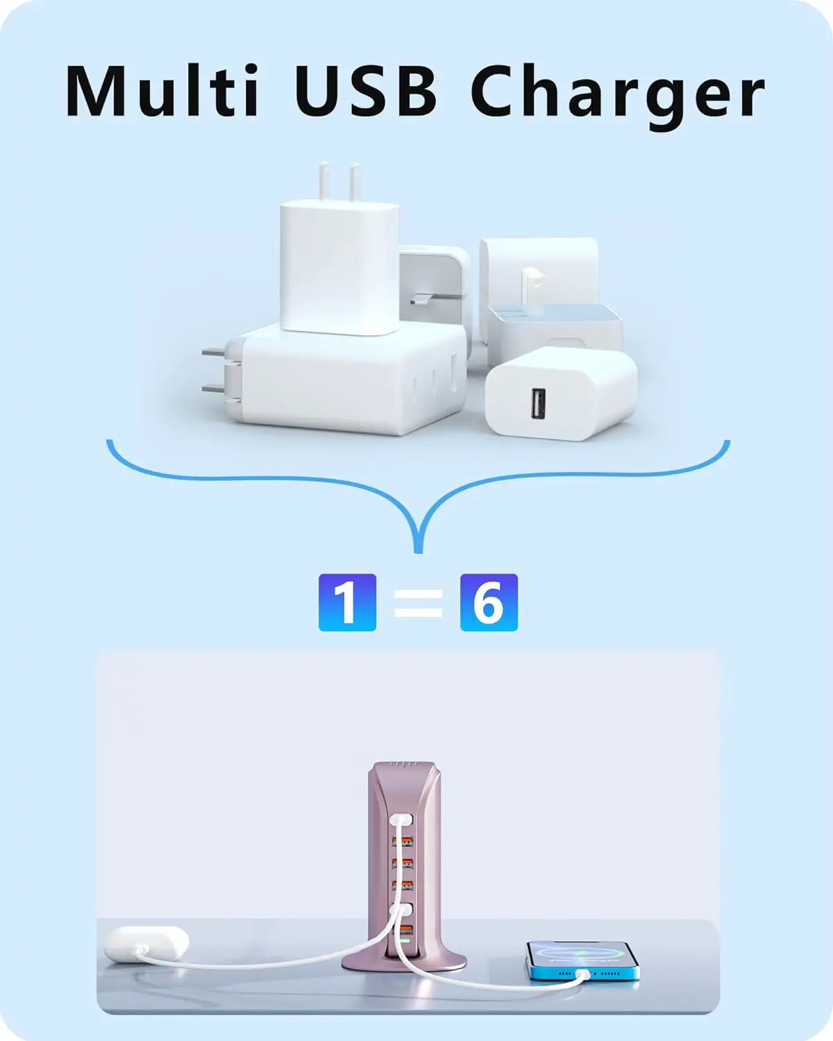 ADRICY USB Charger 6 Port 50W Multi USB Tower Charging Station for Multiple Devices iPhone 14/14 Pro/14 Pro Max/13 Pro/13 Pro Max/Android/Samsung/Tablet,etc(Gold 50W)