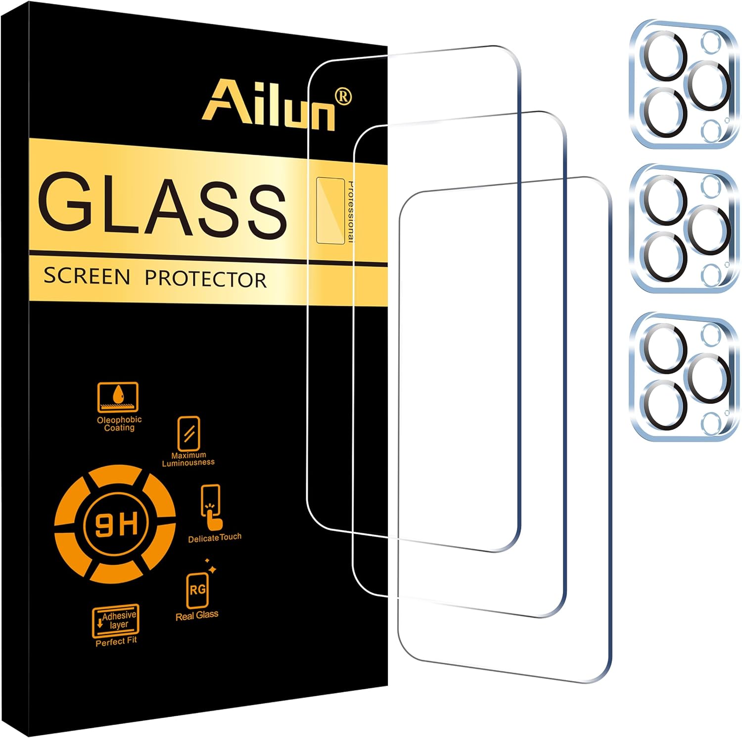 Ailun 3 Pack Screen Protector for iPhone 15 Pro [6.1 inch] + 3 Pack Camera Lens Protector,Case Friendly Tempered Glass Film,[9H Hardness] - HD [6 Pack]