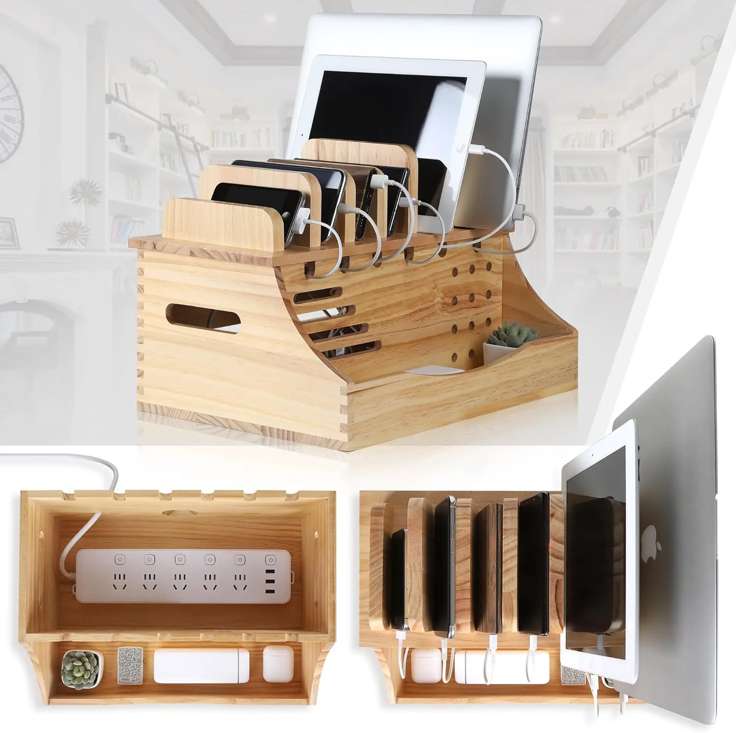 Asaultker 6 Devices Pine Wood Extra Large Cell Phone Charging Stations | Large Charging Station for Multiple Devices - Tablets, Smartphones, iPads, Earphones | Please Note to Check The Product Size