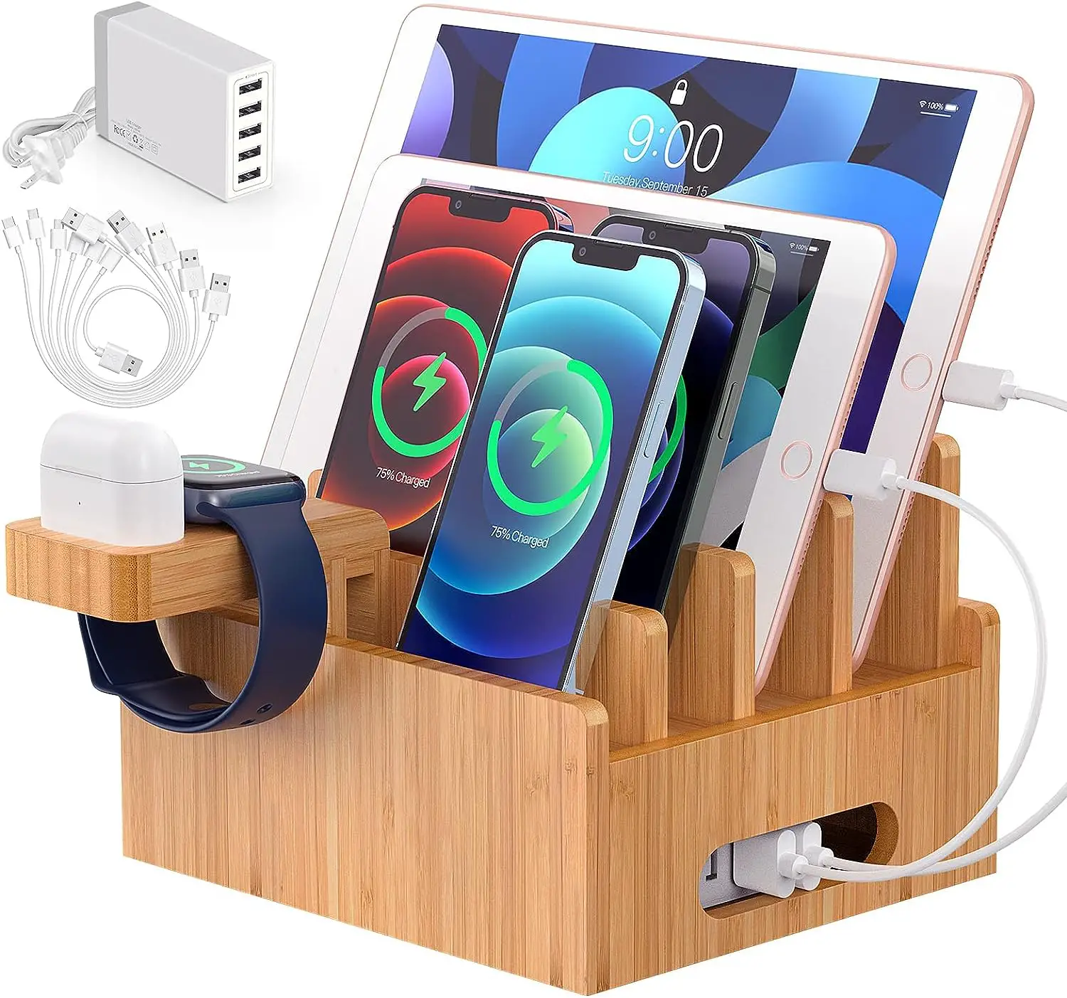 Bamboo Charging Station for Multiple Devices with 5 Port USB Charger, 6 Cables and Smart Watch  Earbuds Stand. Pezin  Hulin Desk Docking Stations Electronic Organizer for Cell Phone, Tablet