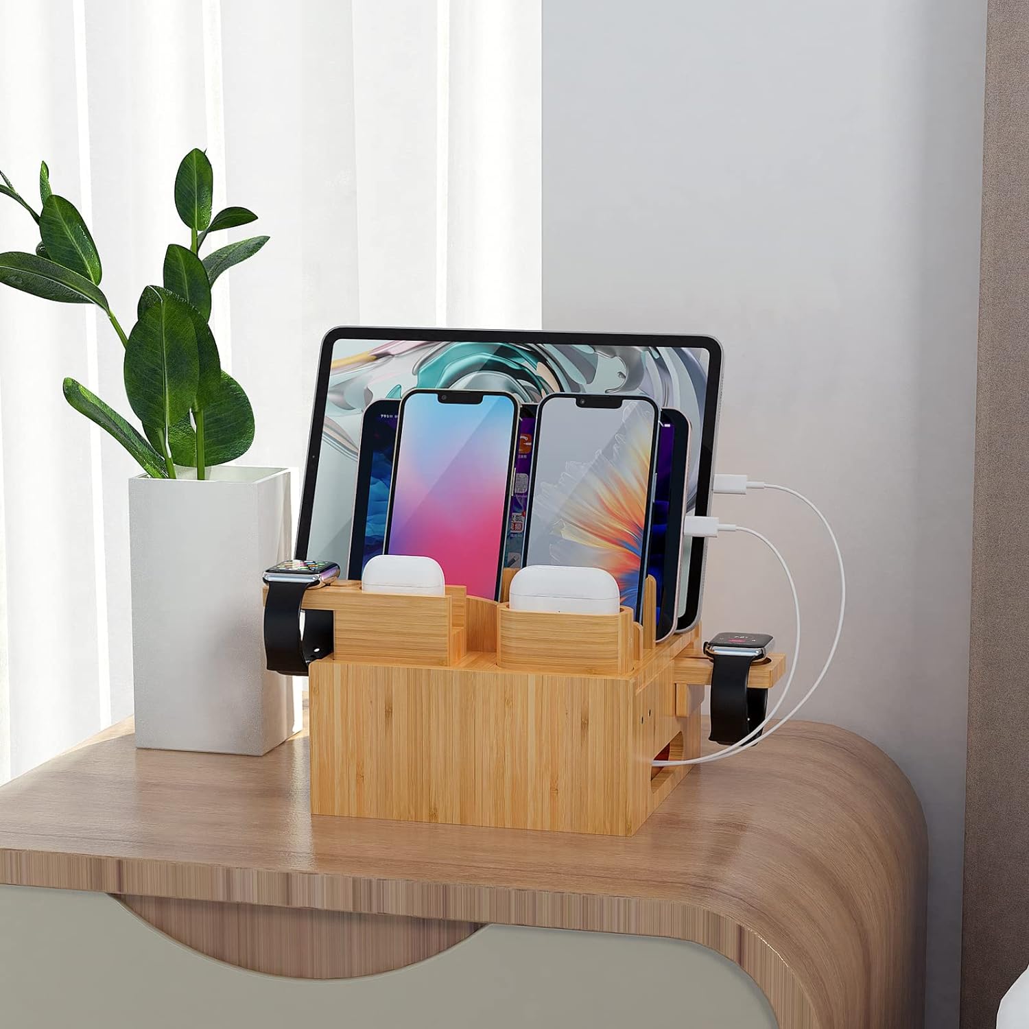 Bamboo Charging Station for Multiple Devices with 5 Port USB Charger, 6 Cables and Smart Watch  Earbuds Stand. Pezin  Hulin Desk Docking Stations Electronic Organizer for Cell Phone, Tablet