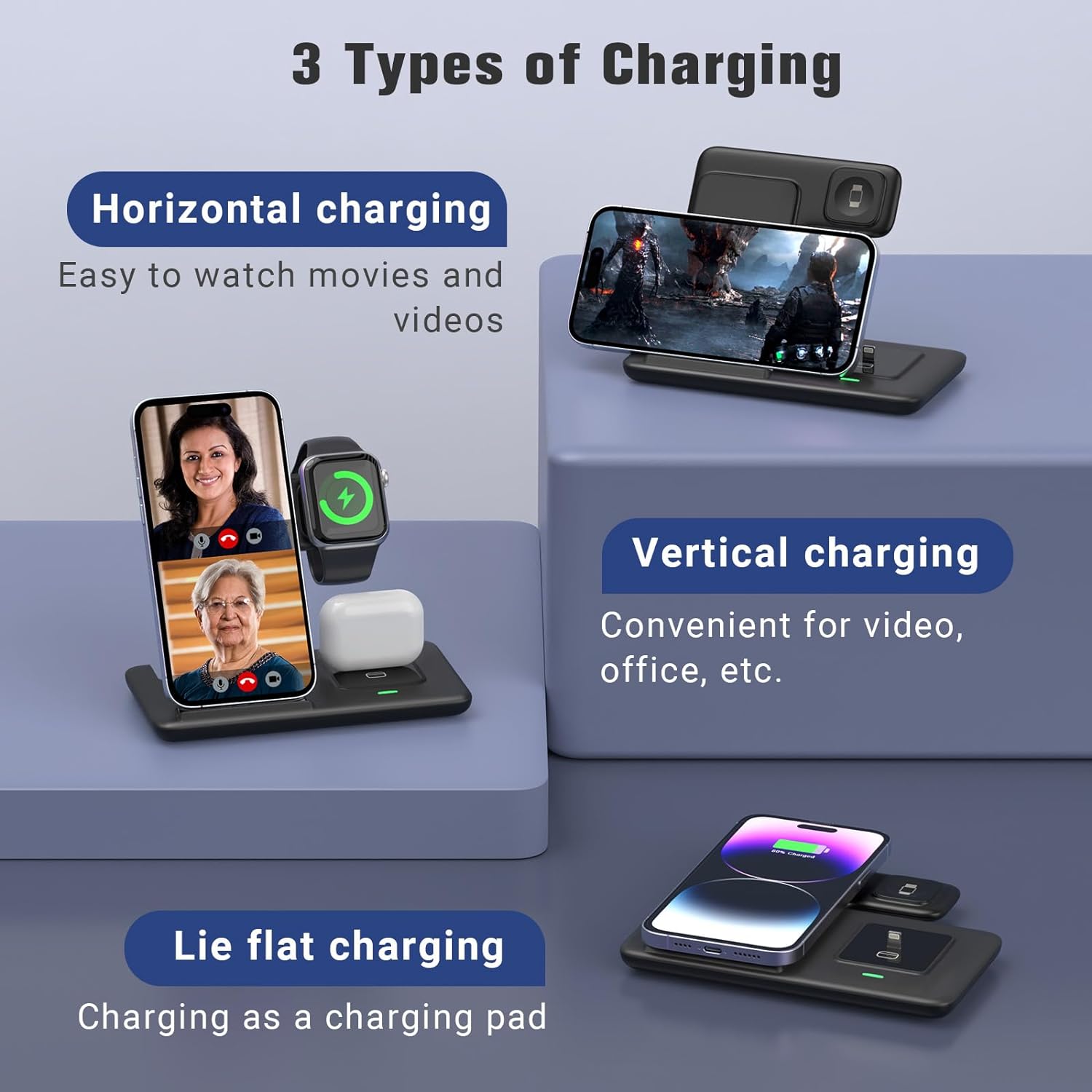 Charging Station for Apple Multiple Devices, 3 in 1 Fast Wireless Charger Foldable for iPhone 14/13/12/11/Pro/XS/Xs Max/XR/X/SE/8/8 Plus Apple Watch 8/7/6/SE/5/4/3/2 AirPods 3/2/Pro with Adapter