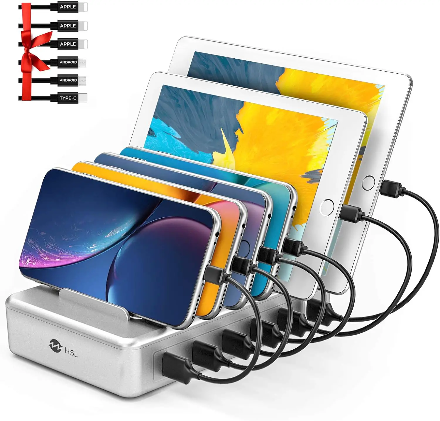 Charging Station for Multiple Devices - 6 Port Fast Charging Station for iPhone iPad Android and Tablet - Multi Charging Station - Phone Charging Station with 6 Mixed Cables Included(UL Certified)