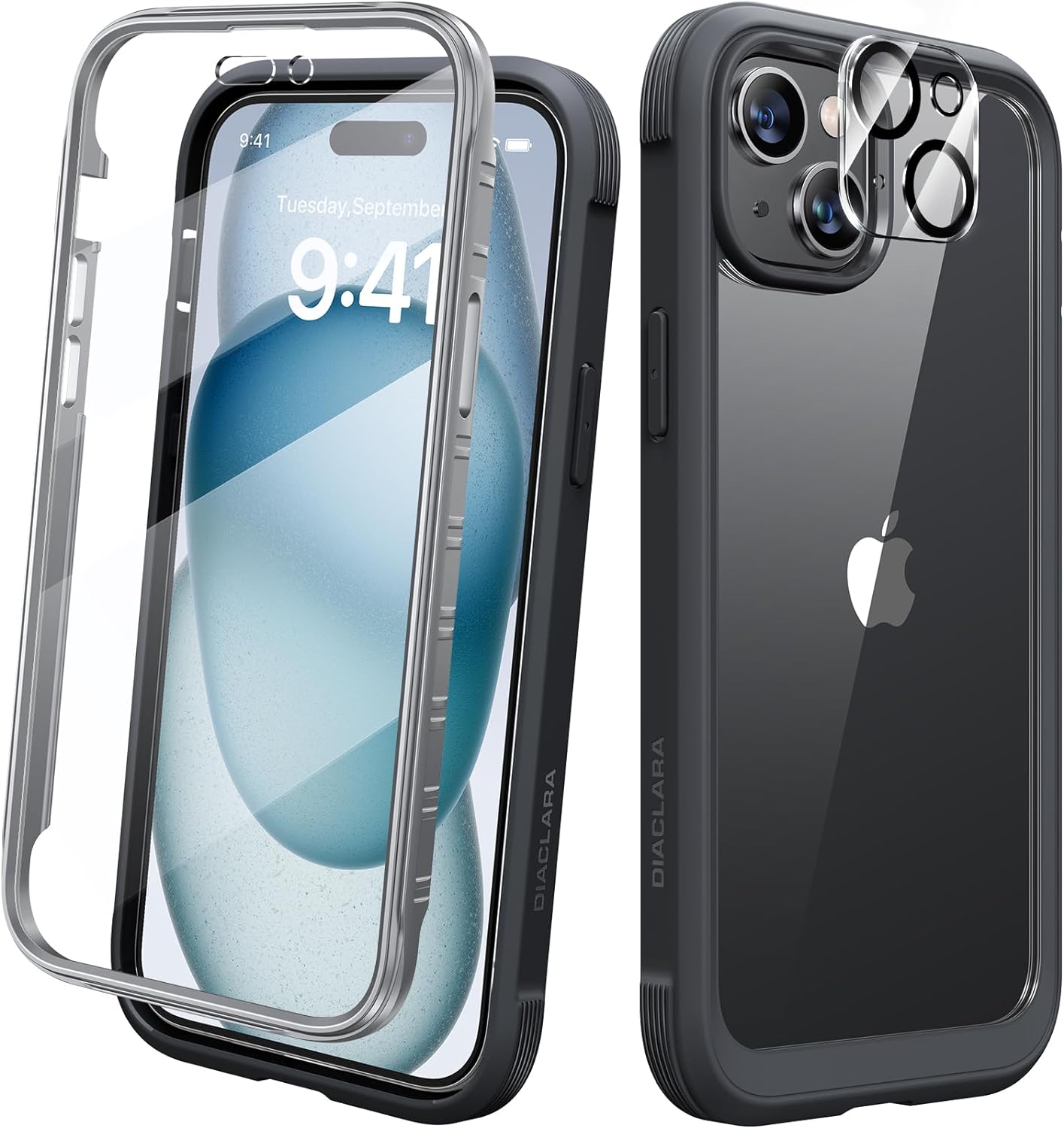 Diaclara Designed for iPhone 15 Case, Full Body Rugged Case with Built-in Touch Sensitive Anti-Scratch Screen Protector, with Camera Lens Protector for iPhone 15 6.1 (Black and Clear)