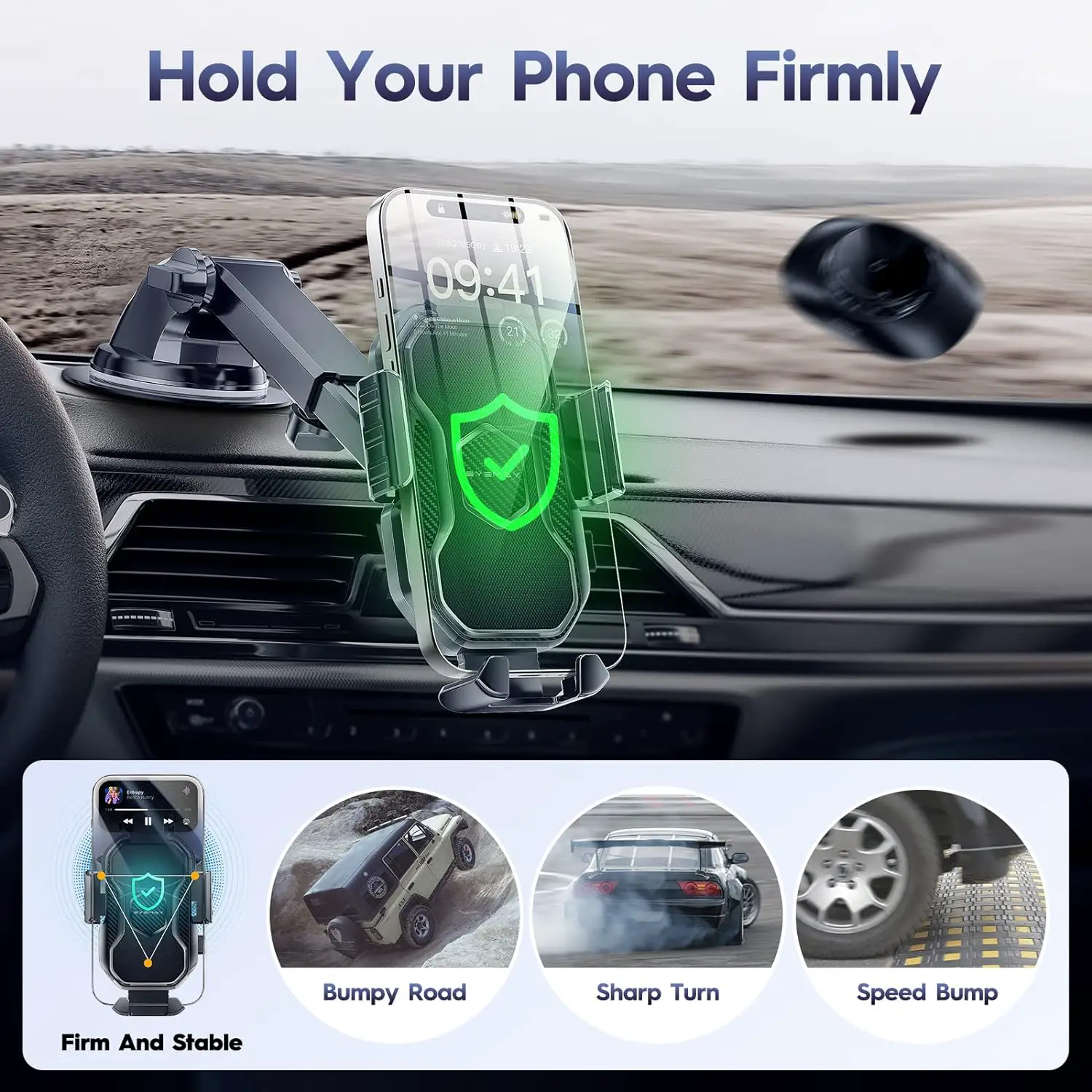 Eyemay Car Phone Holder Mount - [ Bumpy Roads Friendly ] Phone Mount for Car Dashboard Windshield Air Vent 3 in 1, Hand Free Mount for iPhone 14 13 12 Pro Max Samsung All Cell Phones