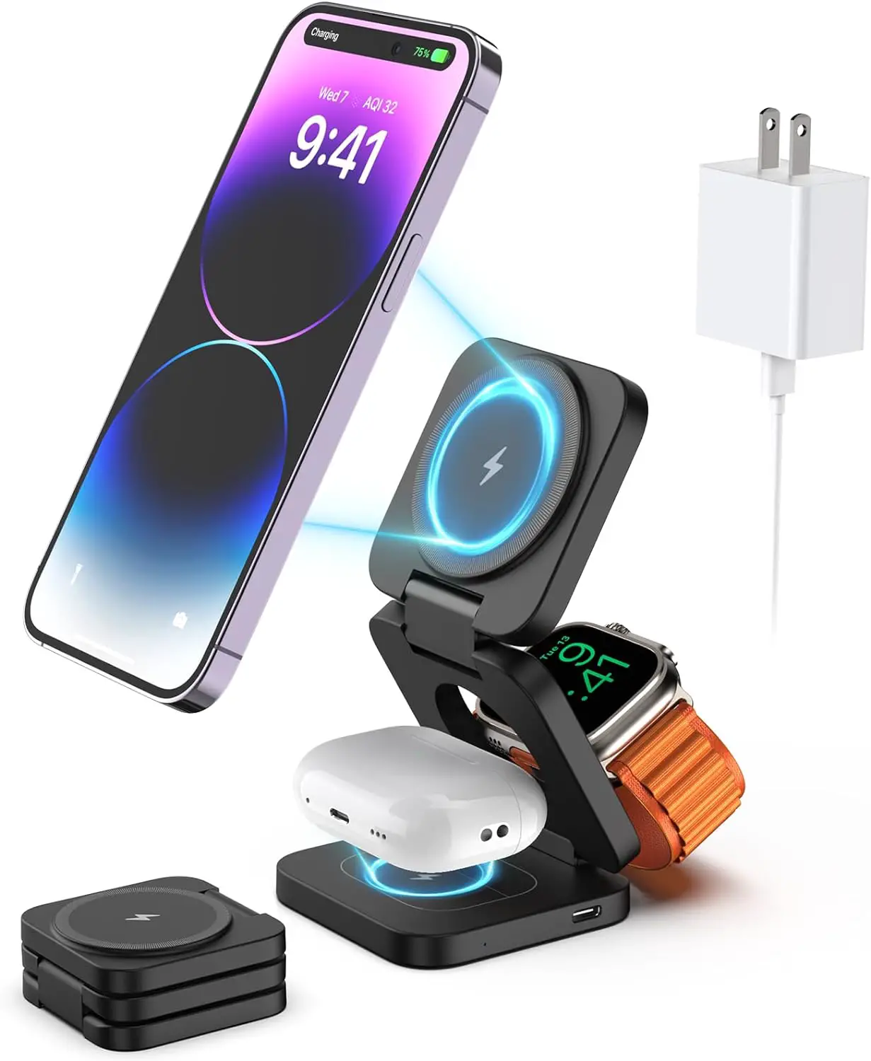 Foldable 3 in 1 Charging Station for Apple, KU XIU Fast Magnetic Wireless Charger Compatible with iPhone 15 14 13 12 Pro/Max/Plus, 5W for Apple Watch Ultra 2, AirPods 3/2/Pro  Multiple Devices-Black