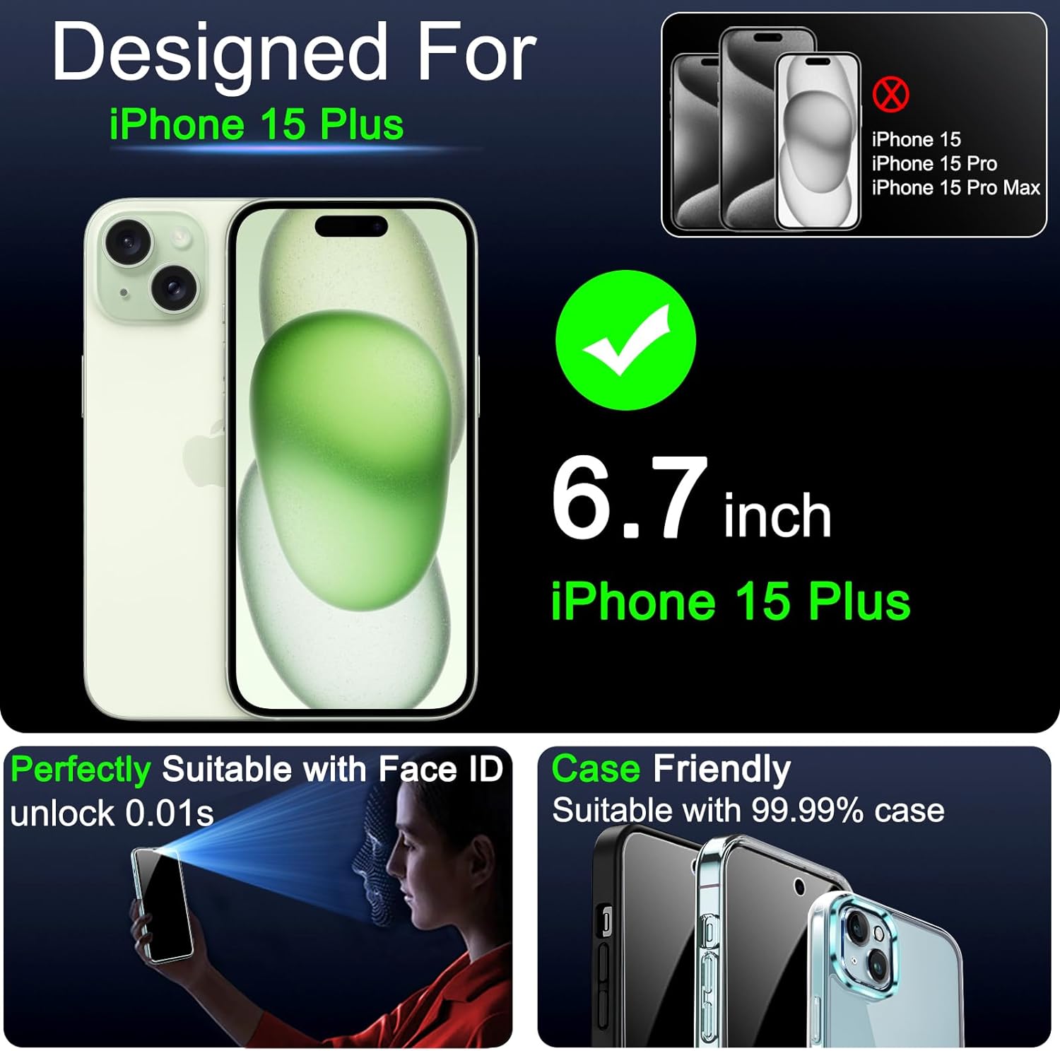 IMBZBK 4 Pack Privacy Screen Protector for iPhone 15 Plus Tempered Glass with 4 Pack Camera Lens Protector, Accessories 9H Anti Spy for Apple 15 Plus, 2.5D Curved, Case Friendly, Transparent
