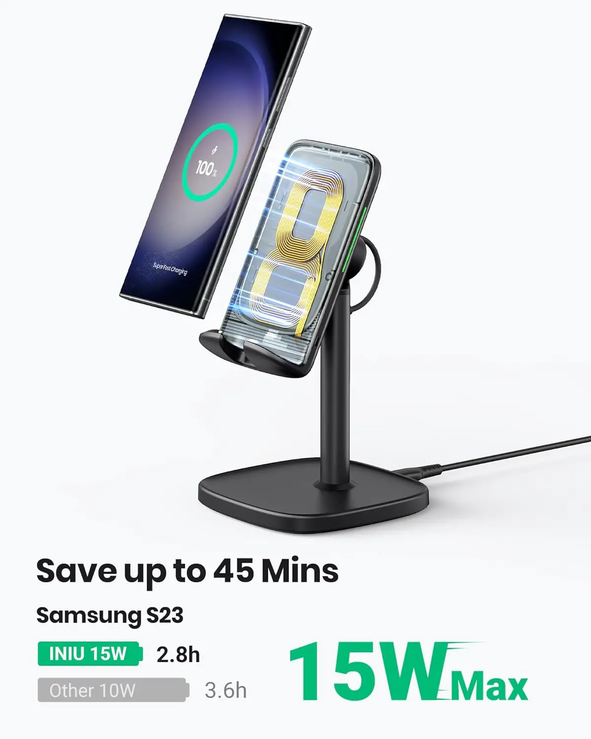 INIU Wireless Charger Stand, 15W Fast Wireless Charging Stand, Adjustable Angle Charger Dock Phone Holder, Wireless Charging Station Compatible with iPhone 15 14 13 12 11 Pro/Max Samsung S22 S21 Pixel