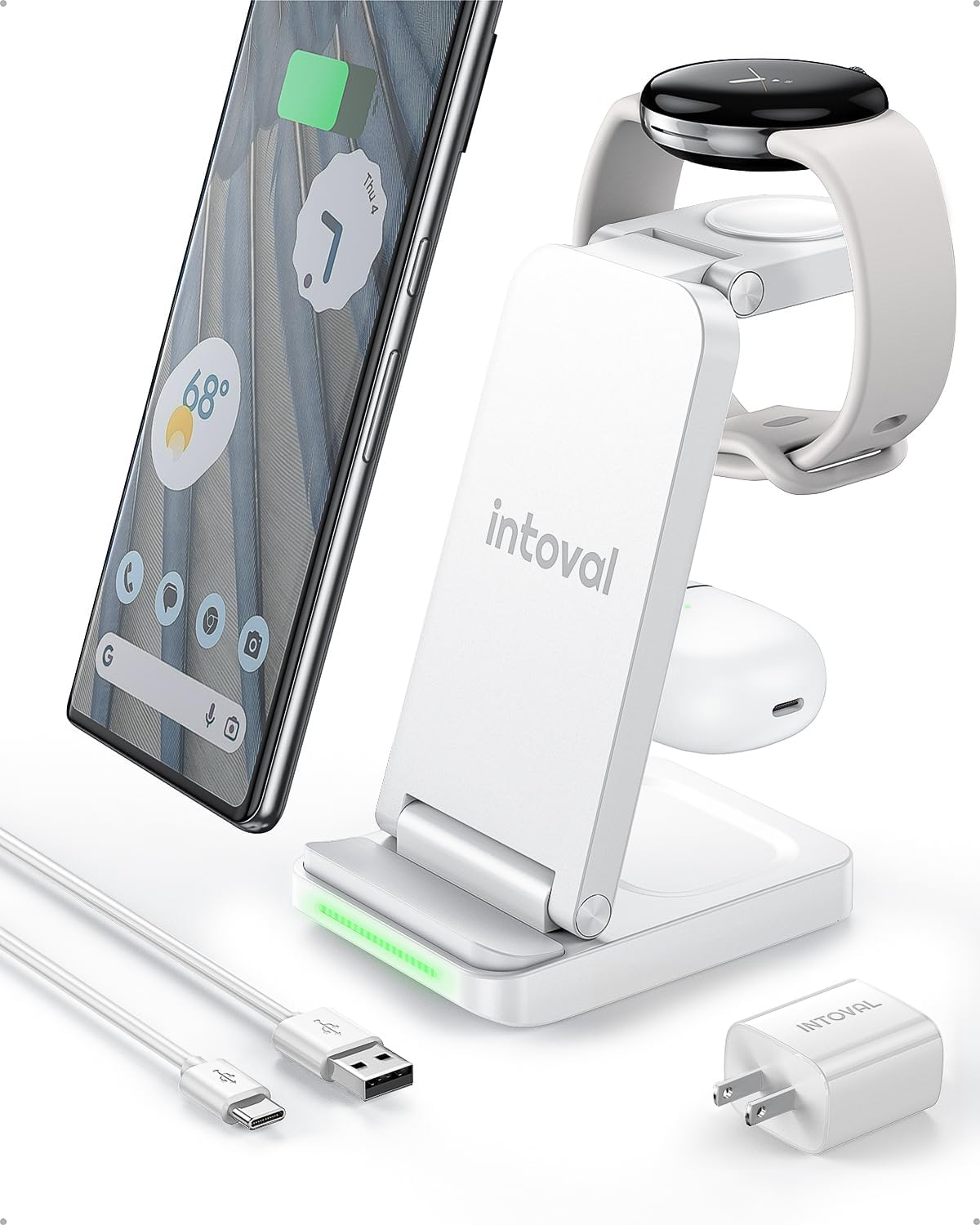 Intoval 3-in-1 Pixel Watch Charger, Portable Wireless Charging Station for Pixel 7a/7 Pro/7/6 Pro/6/5/4/3/XL, Google Pixel Watch, Pixel Buds Pro/2, iPhones, Androids and Qi-Enabled Phones (G3, White)