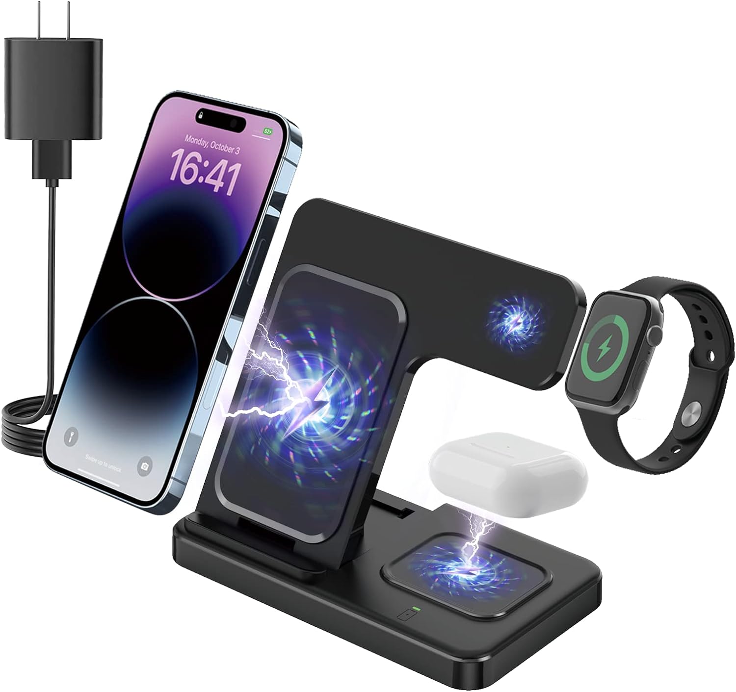 iPhone Wireless Charger Fast Charging 3 in 1, Wireless Charging Station for iPhone/Iwatch/Airpods, Portable Cell Phone Charging Stand for Multiple Devices, Charging Pad for Desk, Travel, Office, Home