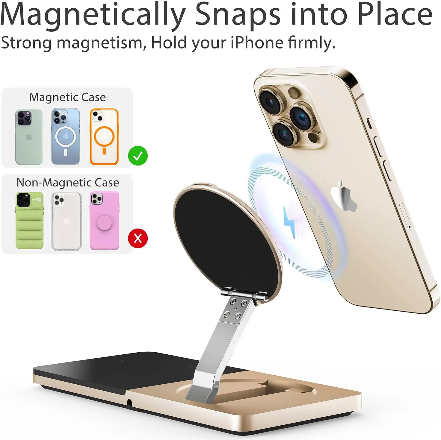 Mag-Safe Charger Stand for iPhone， Wireless Charger Stand for Apple Products, 2 in 1 Magnetic Charging Station for iPhone 15/14/13/12 Series, Airpods 3/2/Pro with Adapter (Golden)