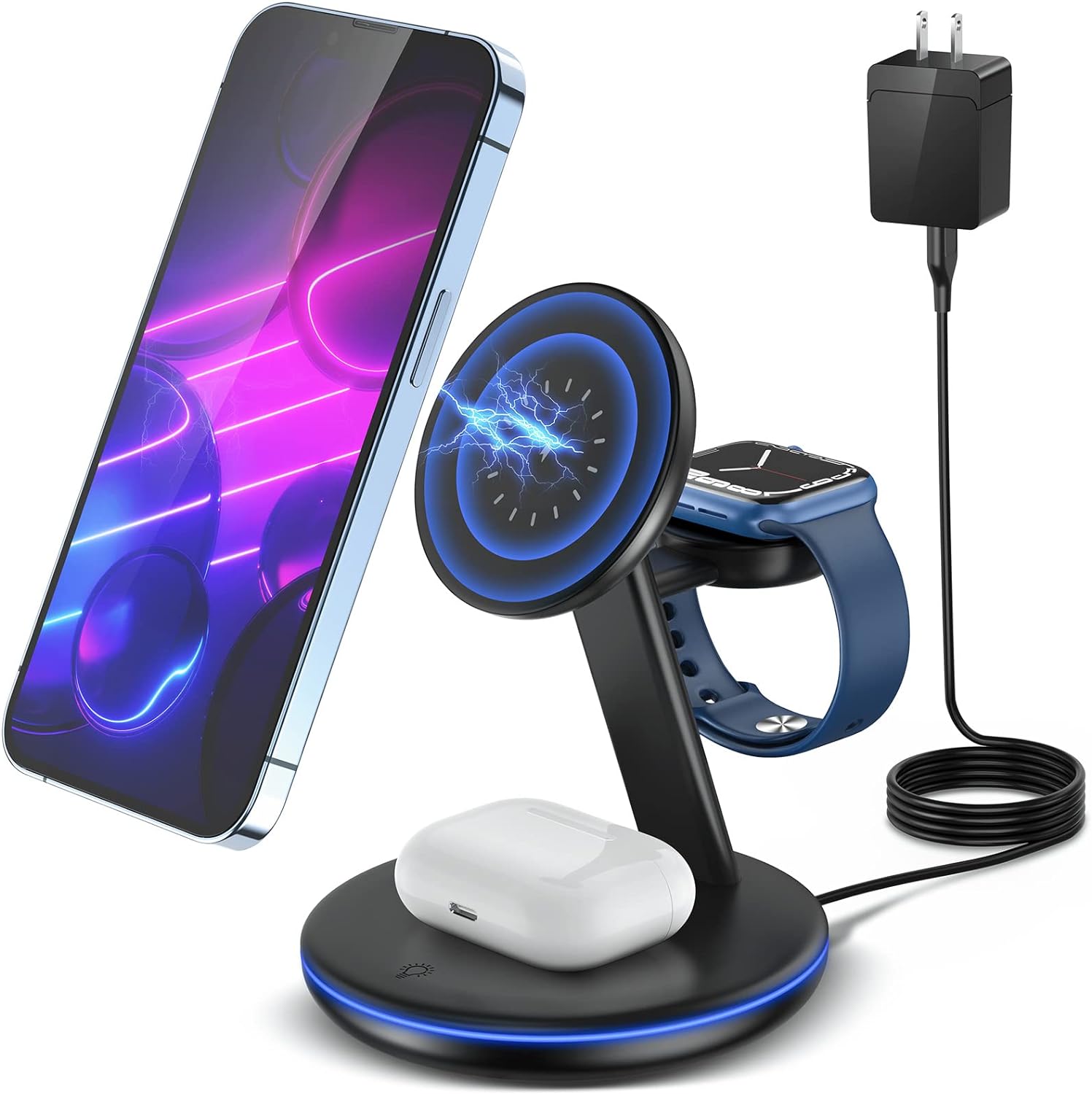 Magnetic Wireless Charging Station for Apple Series, 3-in-1 15W Fast Mag-Safe Charger Stand with QC3.0 Adapter, for iPhone 15, 14,13,12 Pro Max/Pro/Mini/Plus, iWatch Ultra/9/8/7/6/5/4/3/2, AirPods…
