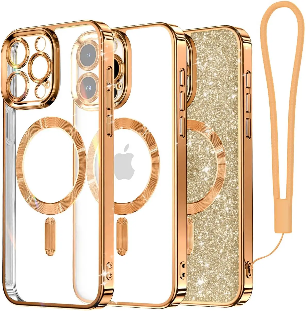 Meifigno Candy Mag Series Case Designed for iPhone 15 Pro, [Compatible with MagSafe] [Glitter Card  Wrist Strap] Full Camera Lens Protection Designed for iPhone 15 Pro Case Women Girls, Bronze Gold