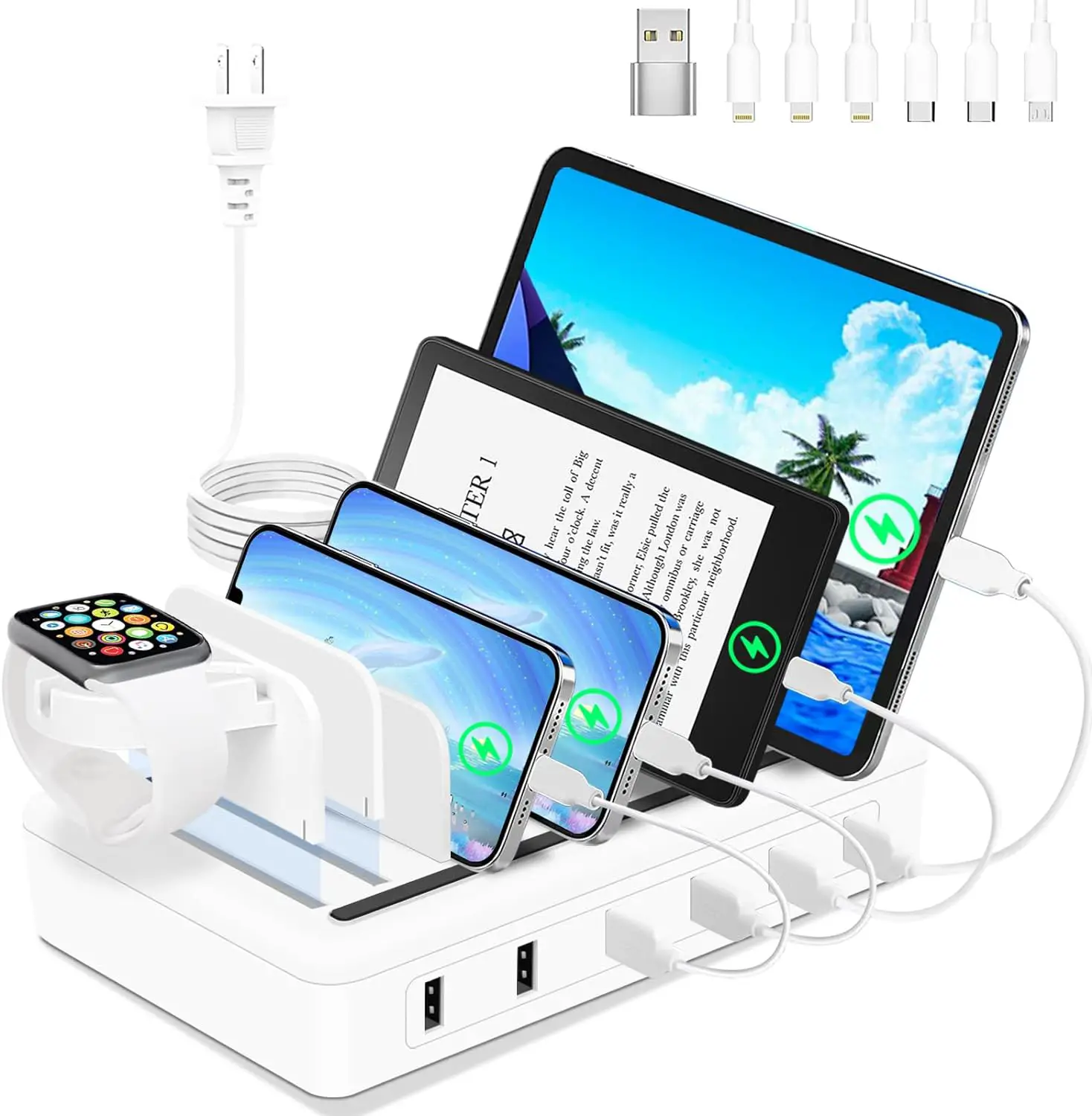 MERGROLY Fast Charging Station for Multiple Devices, 50W 6-Ports USB Charging Station with10-Slot, Sturdy Dividers, Watch Holder, Compatible with Phone/iPad/Kindle/Tablet (6 Short Cables Included)