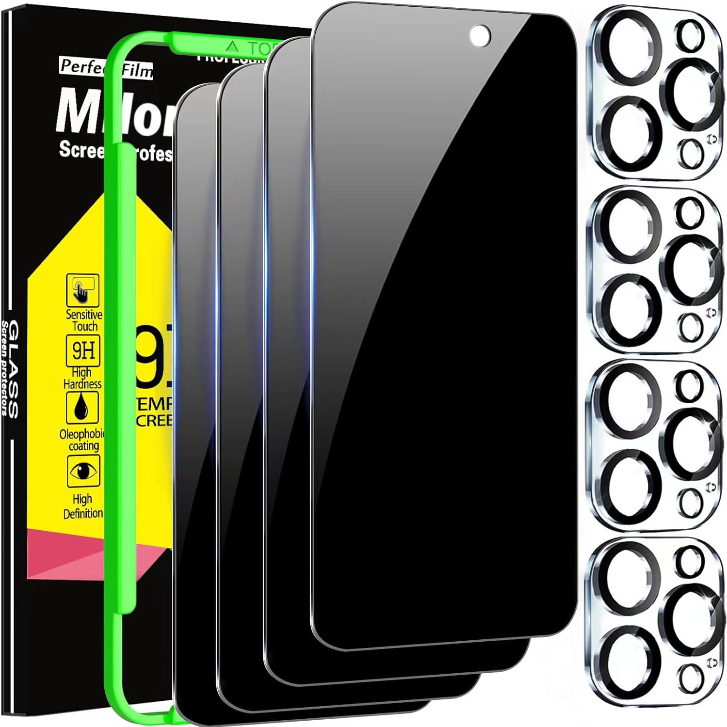 Milomdoi 4 Pack Privacy Screen Protector for Apple iPhone 15 Pro Max with 4 Pack Tempered Glass Camera Lens Protector, Ultra 9H Accessories, Case Friendly, Mounting Frame, 2.5D Curved, Black