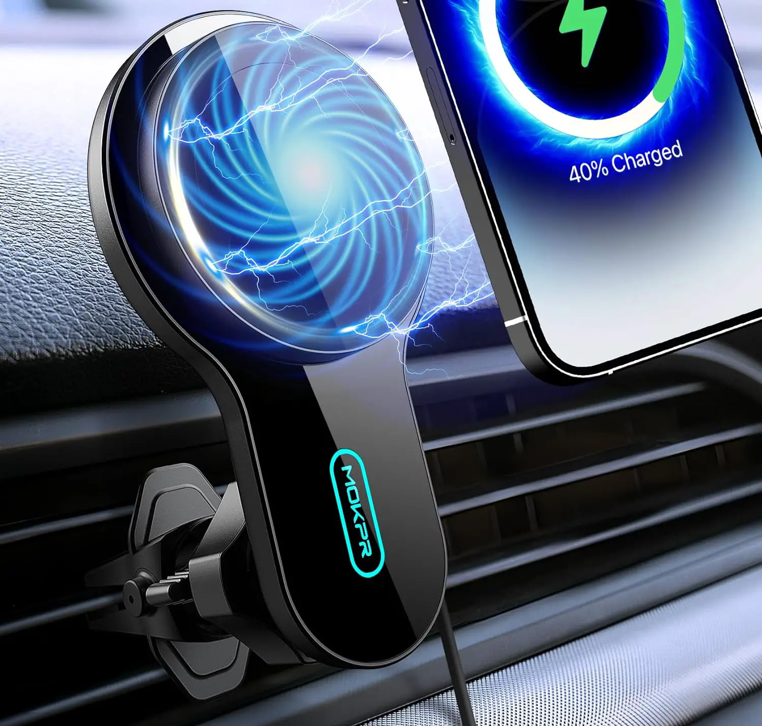 MOKPR for MagSafe Car Mount Charger, Wireless Car Charger Built in Cooling Fan Fast Charging Magnetic Car Phone Holder Charger Car Vent Fits iPhone 15 Pro Max Plus 14 13 12 MagSafe Case