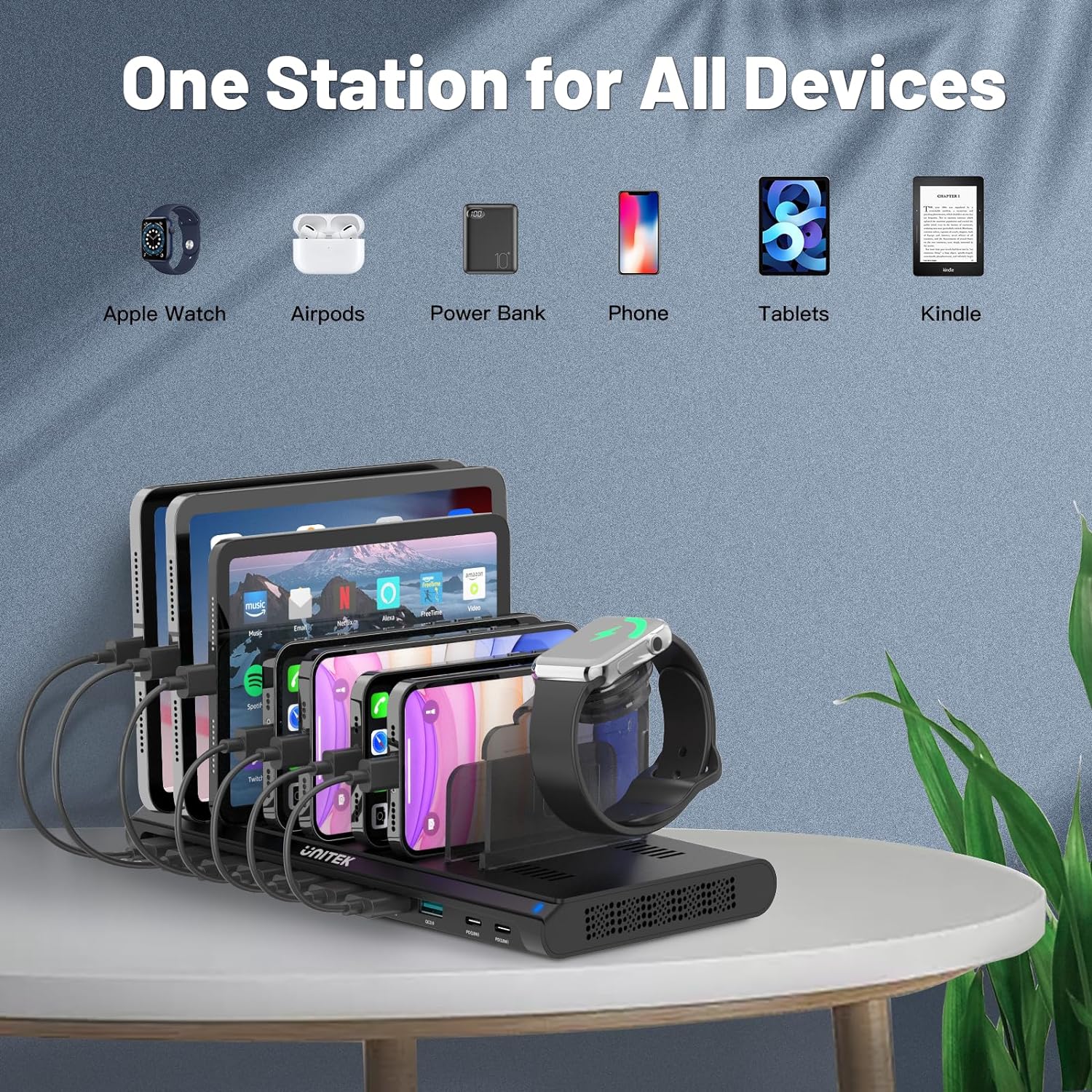 Multi USB Charging Station Unitek 96W 10 Ports Fast Charging Dock with 2 QC 3.0  2 PD 18W Charger Station Organizer for Multiple Devices Designed for iPad, iPhone, Tablet, iwatch, Laptop