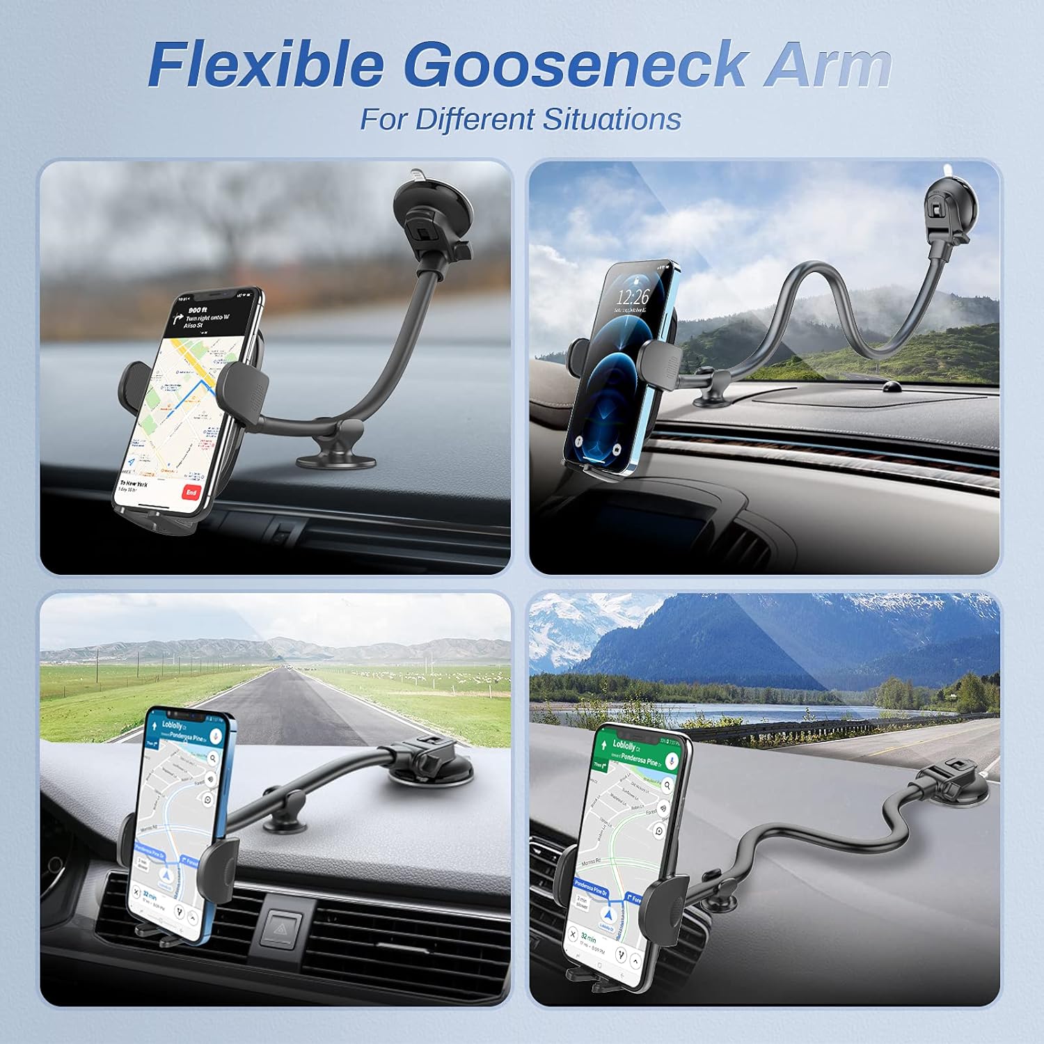 OQTIQ Phone Mount for Car [Gooseneck 13 Long Arm] Car Phone Holder for Dashboard, Windshield, Strong Suction Cup Cell Phone Holder for Car Truck for iPhone 14 13 Pro Max All Mobile Phones