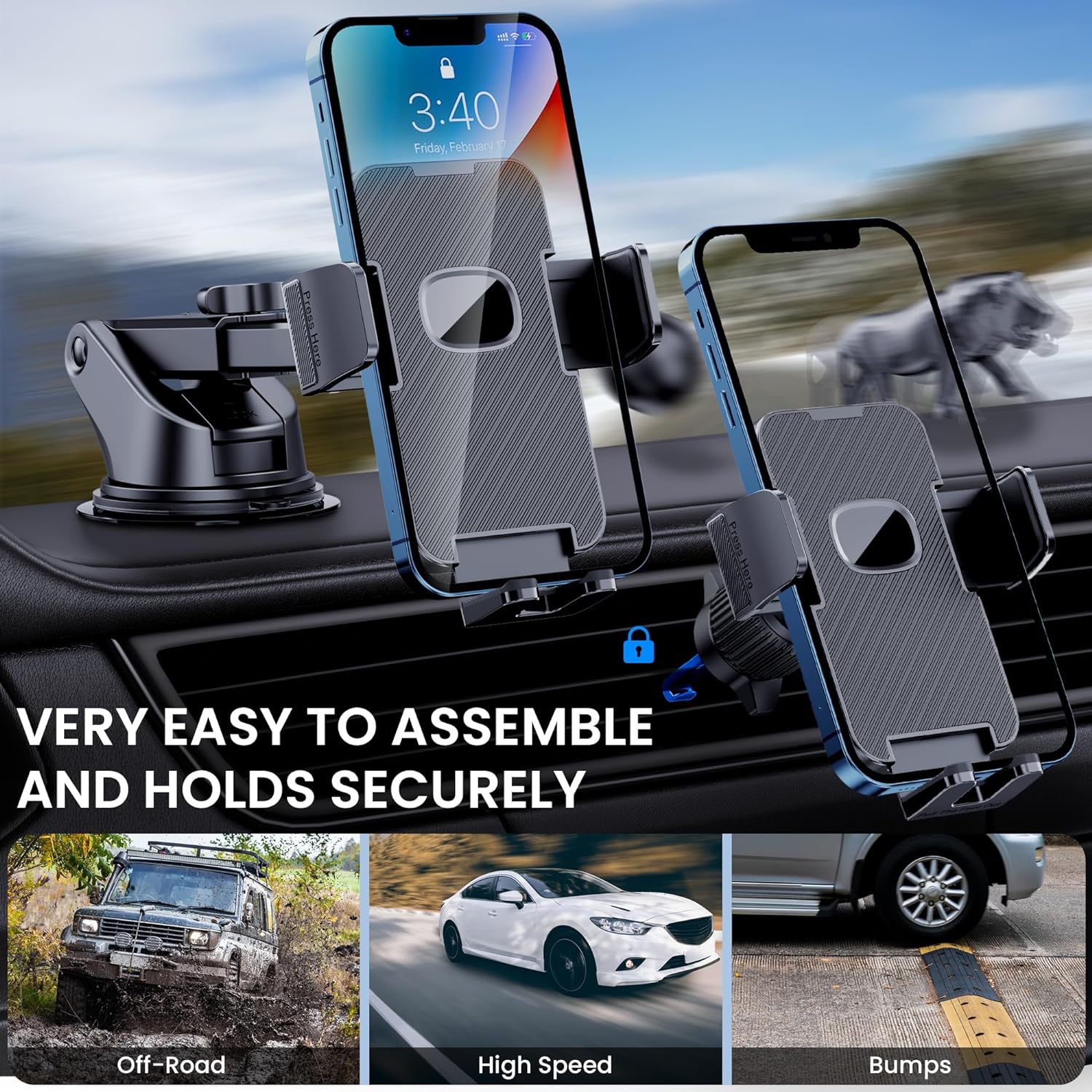 Phone Holder Car Mount for iPhone [Powerful Suction]Phone Mount for Car Dashboard Windshield Air Vent Universal Accessories [Thick Cases Friendly]Automobile Cell Phone Holder Fit for iPhone Smartphone
