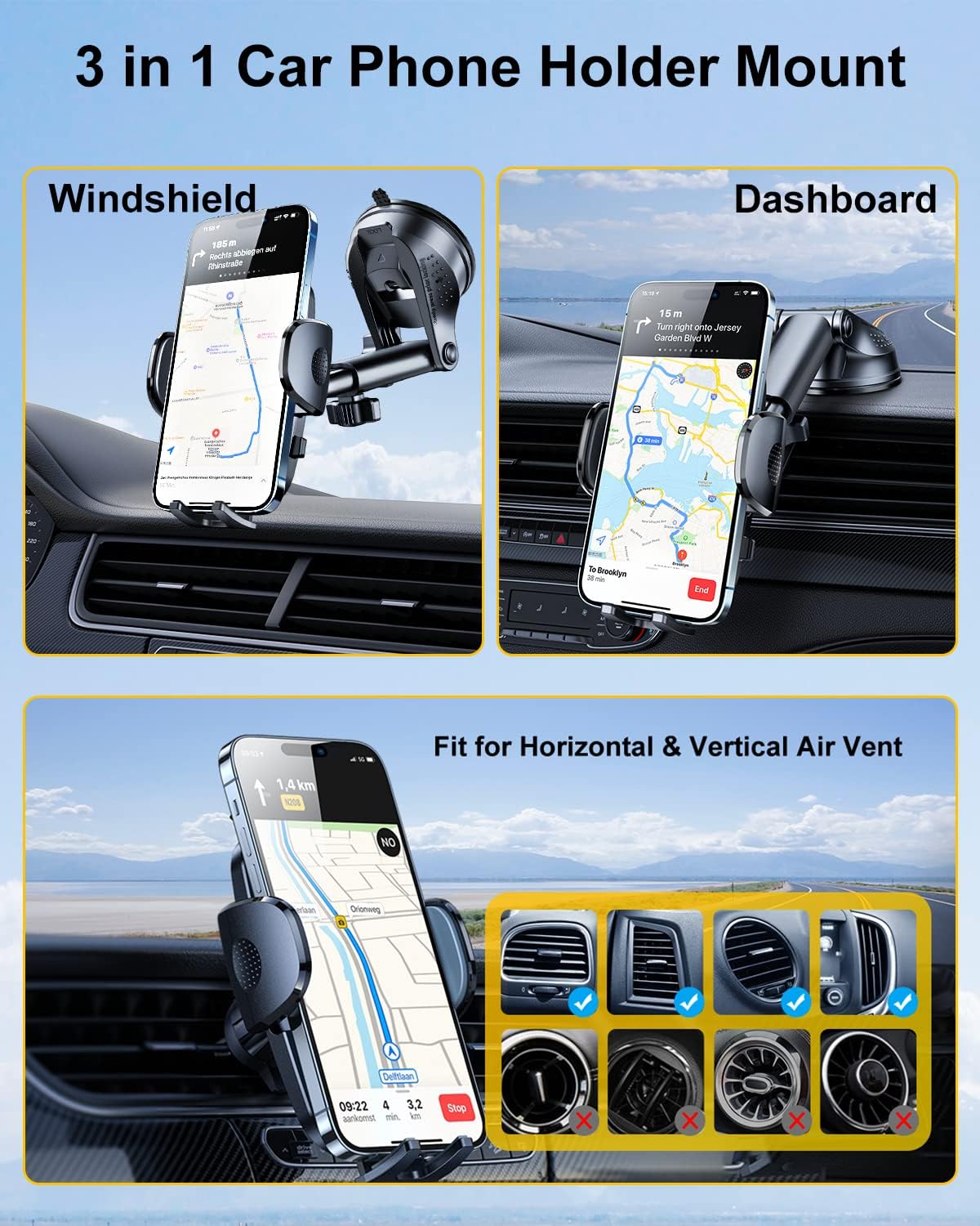 Rorhxia Phone Mount for Car [2023 Upgraded Most Stable and Convenient Suction Cup] 3 in 1 Dashboard Vent Windshield Cell Phone Holder Car Fit for iPhone 15 14 13 12 Pro Max Samsung S23 All Phones