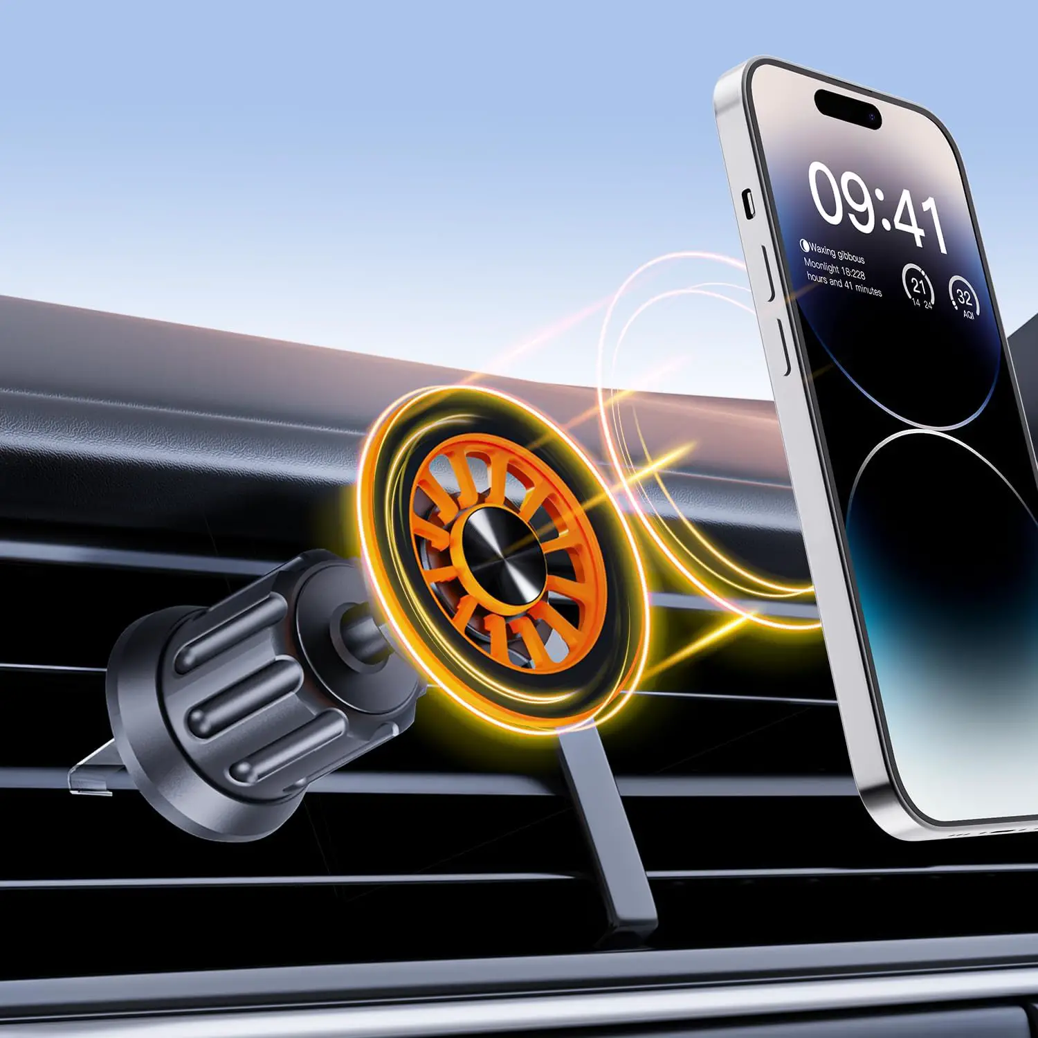 Sansaba Magnetic Phone Holder for Car - 360° Adjustable iPhone Holder for Car Vent - Magsafe Car Mount Specifically Designed for iPhone Models iPhone 15 14, 13, 12 Pro Max Plus Mini (Orange)