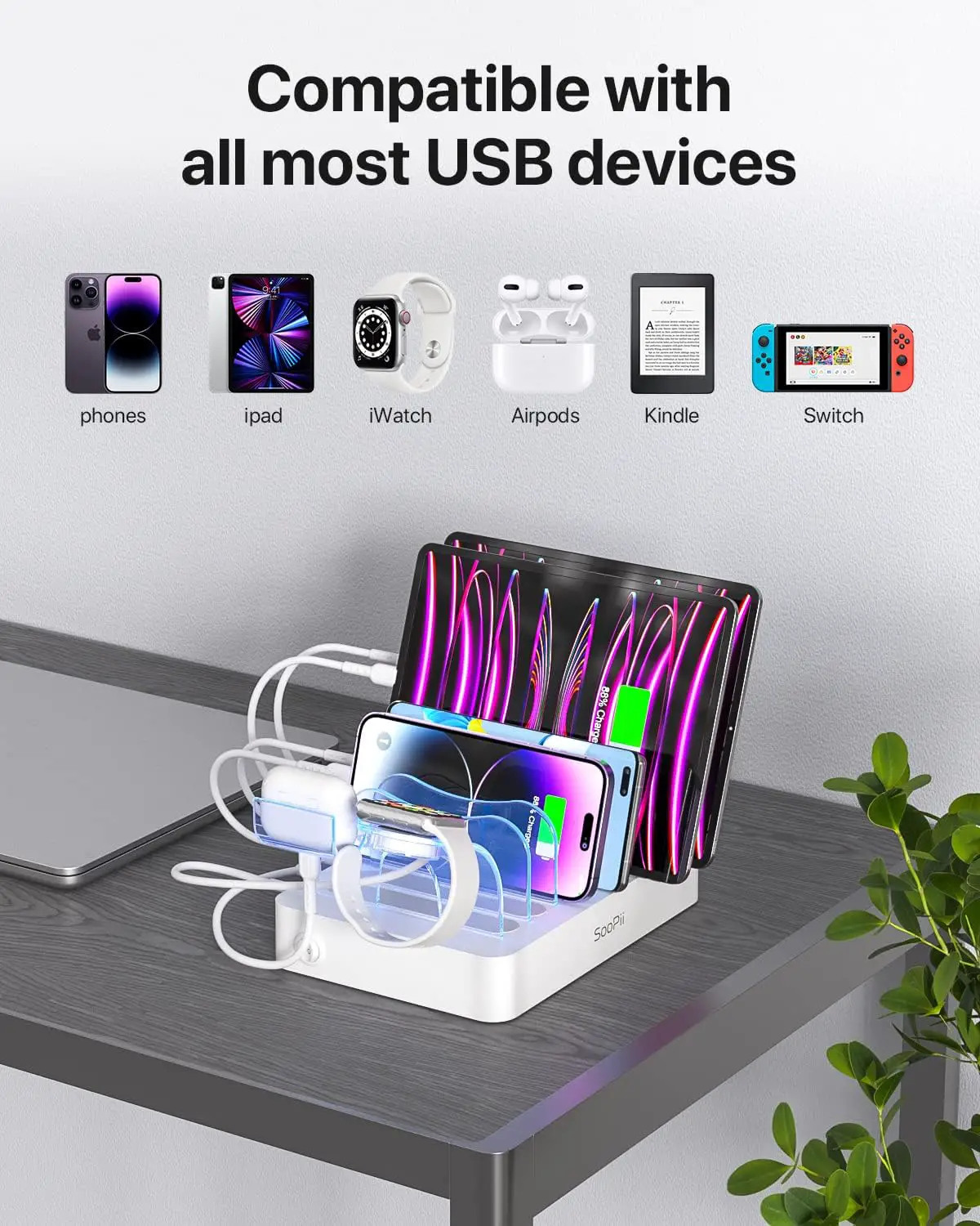 SooPii Premium 6-Port USB Charging Station Organizer for Multiple Devices, 6 Short Charging Cables and One Upgraded i-Watch Charger Holder Included, for Phones, Tablets, and Other Electronics, White