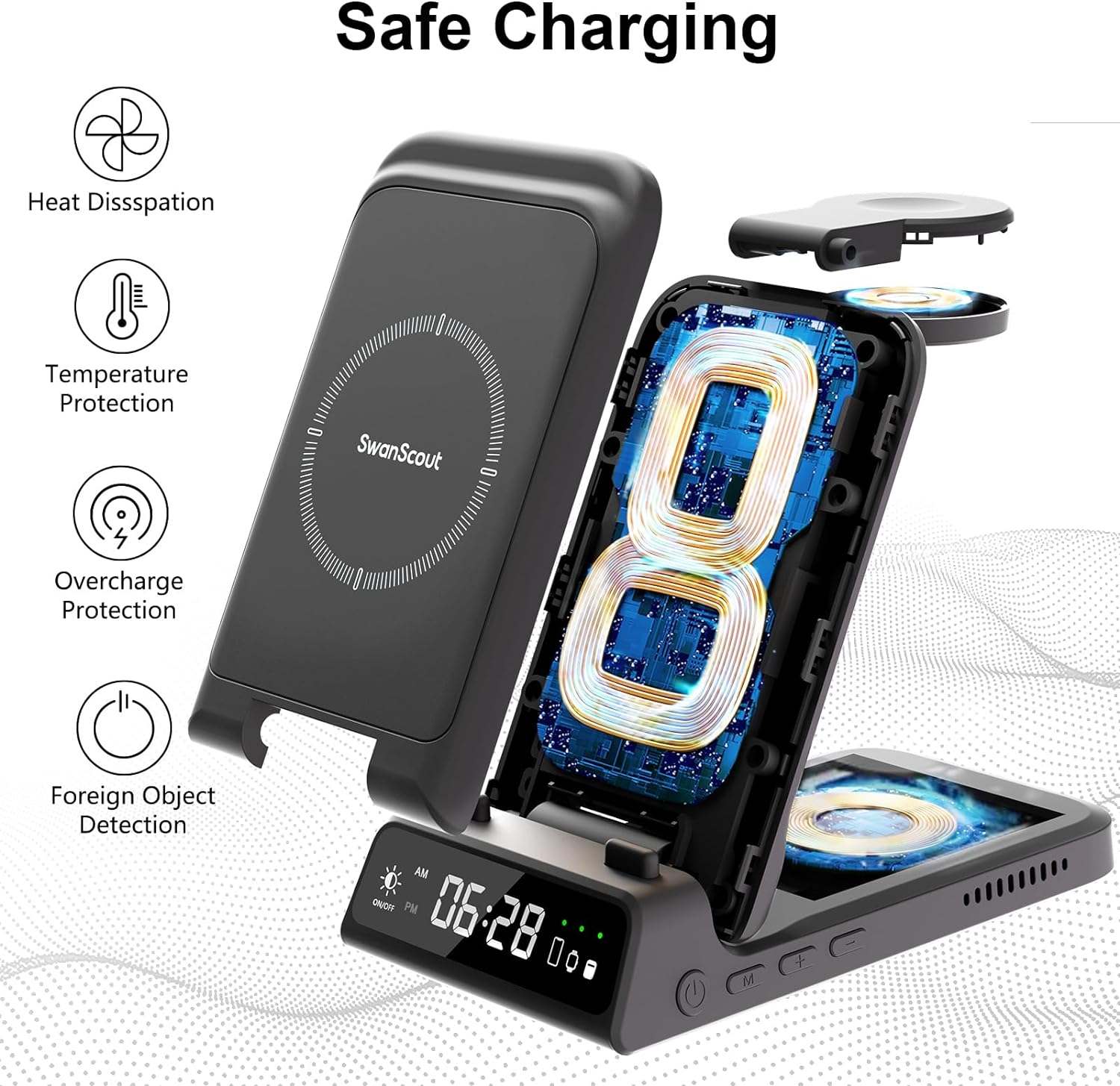 SwanScout Wireless Charging Station for iPhone, Travel Portable Wireless Charger Stand for iPhone 15 Pro Max/14/13/12/11 Series, iWatch Charger for Apple Watch Ultra 2/9/8/7/6/5/SE, for Airpods Pro2