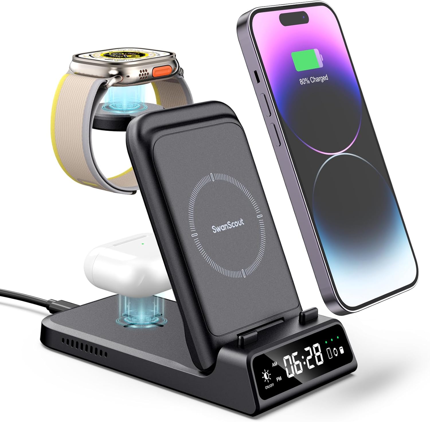 SwanScout Wireless Charging Station for iPhone, Travel Portable Wireless Charger Stand for iPhone 15 Pro Max/14/13/12/11 Series, iWatch Charger for Apple Watch Ultra 2/9/8/7/6/5/SE, for Airpods Pro2