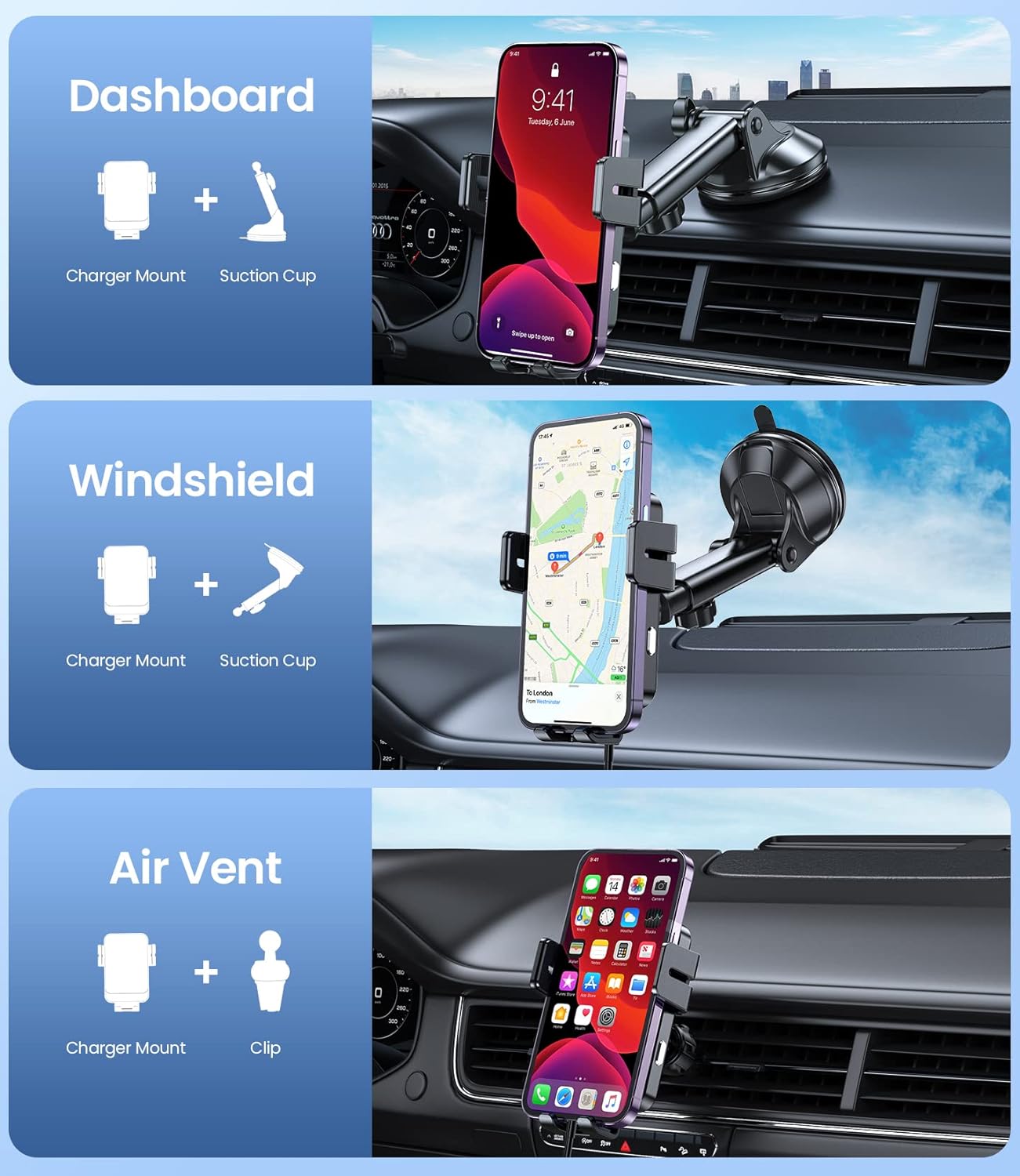 Wireless Car Charger, MOKPR 15W Fast Charging Auto-Clamping Car Mount Universal Hands-Free Car Charger Mount for Dash Windshield Air Vent Compatible with iPhone 15/14/13/12, Samsung S23/S22/S21,etc