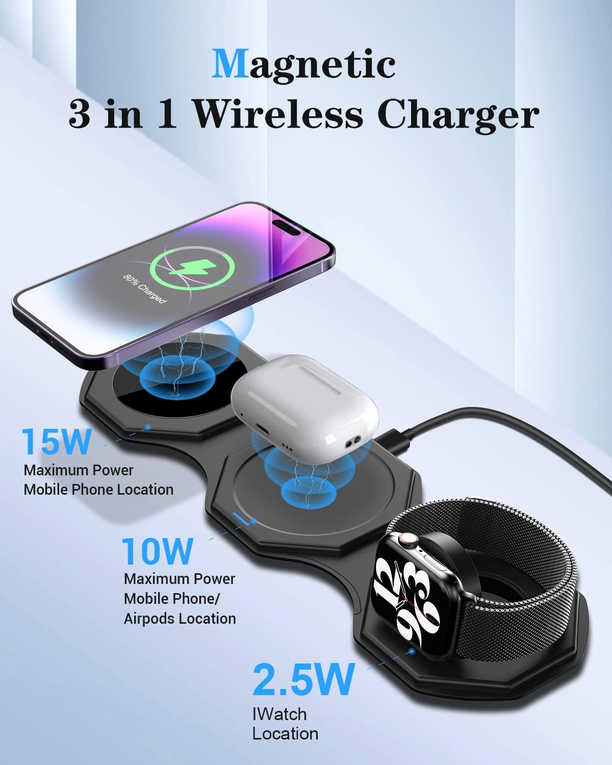Wireless Charger 3 in 1, Magnetic Foldable Wireless Charging Station for iPhone 14/13/12/11 Pro Max/X/Xs Max/8/8 Plus, AirPods 3/2/pro, iWatch Series 7/6/5/SE/4/3/2 (Adapter Included)