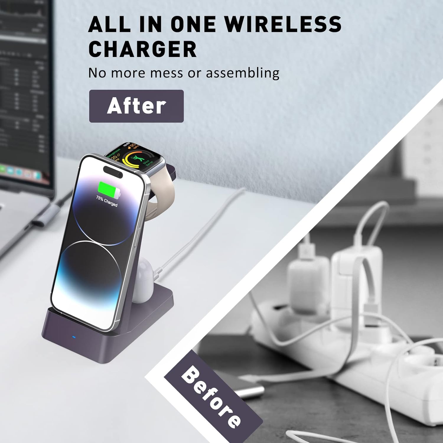 Wireless Charging Station, 18W Fast Wireless Charger Compatible with iPhone 14/13/12/11/Pro/SE/XS/XR/X/8 Plus/8, 3 in 1 Wireless Charging Dock Stand for Apple Watch Series  Airpods (with Adapter)