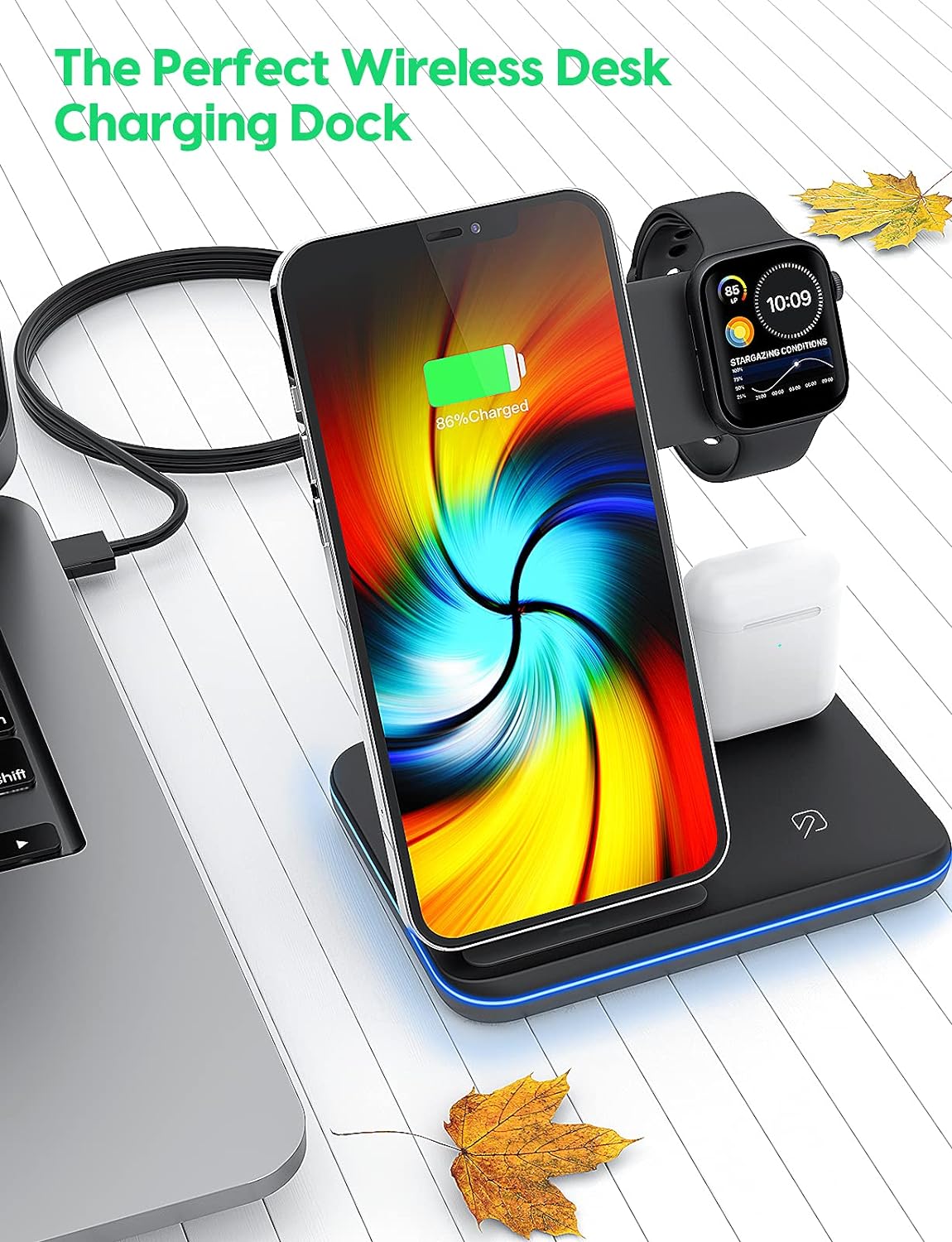 Wireless Charging Station, 2021 Upgraded 3 in 1 Wireless Charger Stand with Breathing Indicator Compatible with iPhone 12/11 Pro/XS/8, iWatch Series