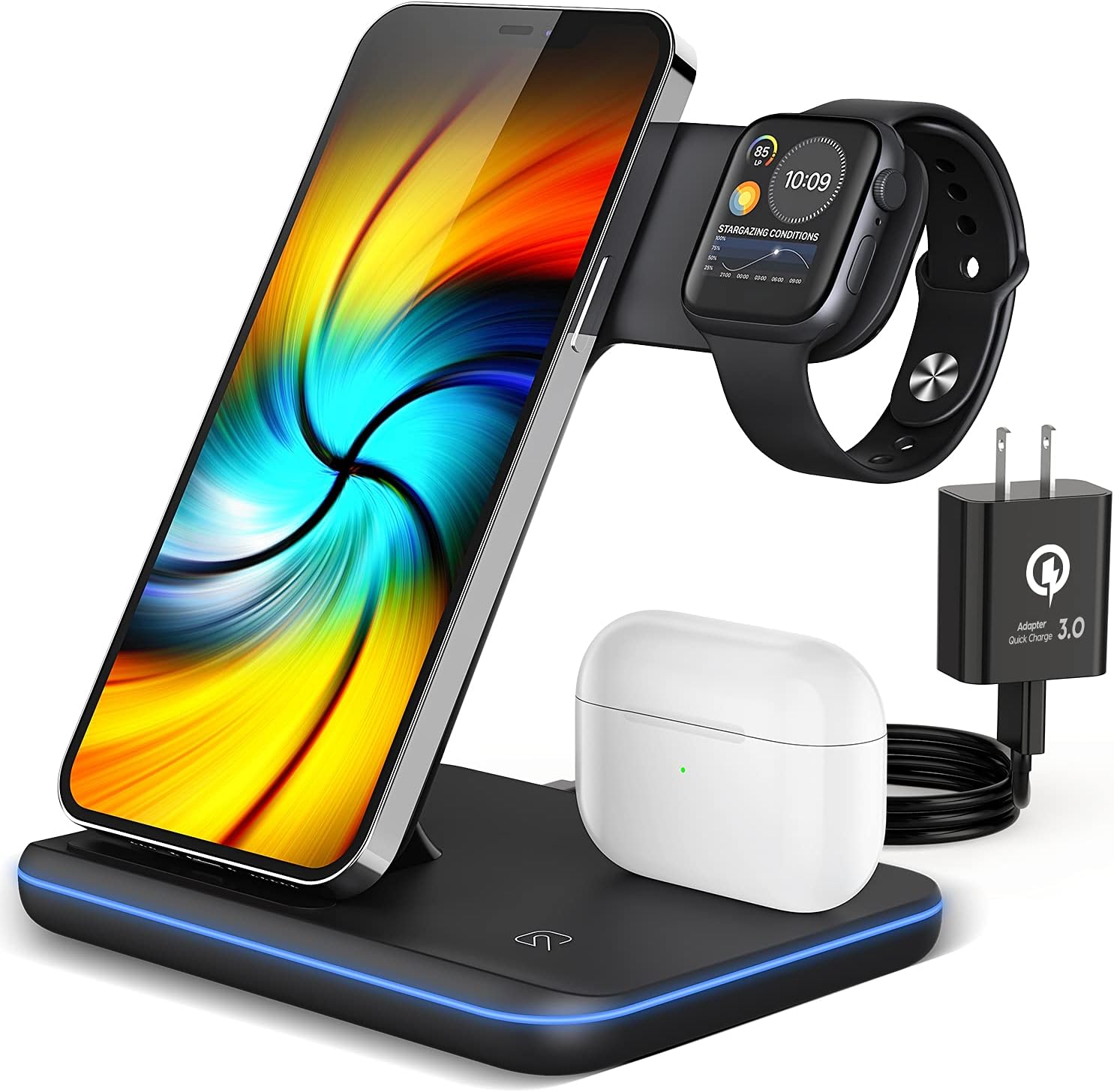 Wireless Charging Station, 2021 Upgraded 3 in 1 Wireless Charger Stand with Breathing Indicator Compatible with iPhone 12/11 Pro/XS/8, iWatch Series