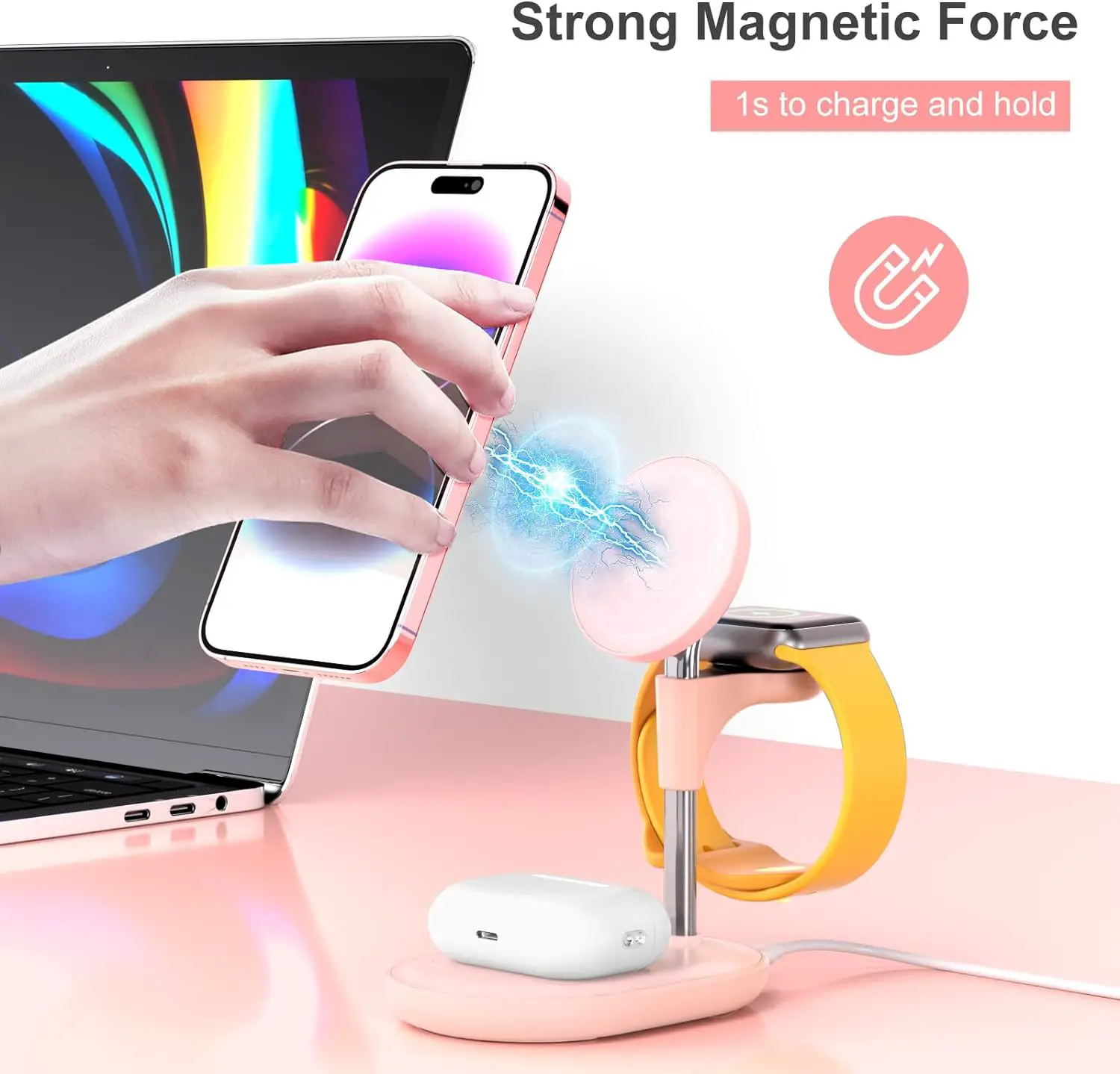 Wireless Charging Station for iPhone, 3 in 1 Fast Wireless Charger Stand Compatible with MagSafe Charger for iPhone 15 14 13 12 Pro Max/Plus/Pro/Mini iWatch AirPods