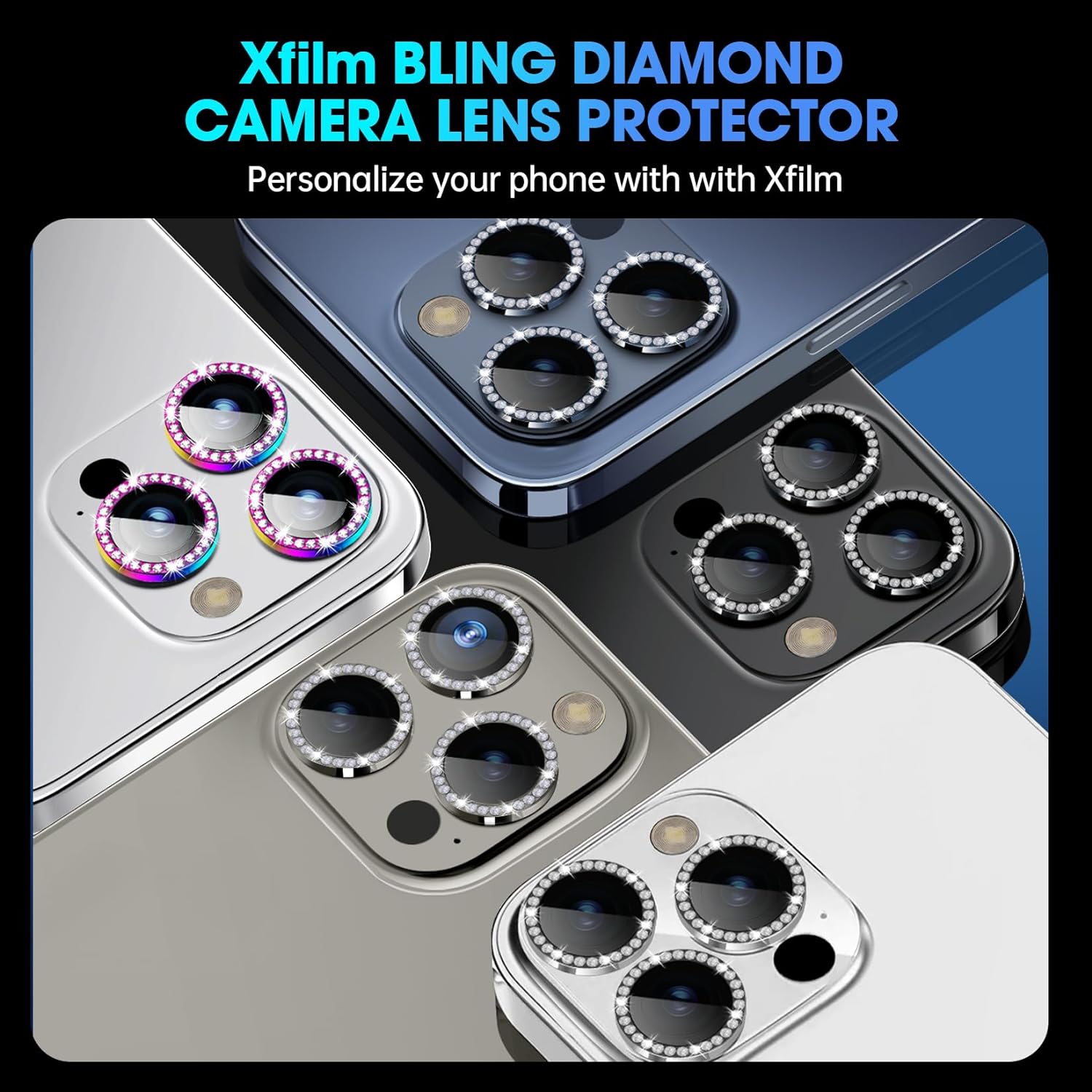 Xfilm Camera Lens Protector Compatible for iPhone 15 Pro / 15 Pro Max Bling, Individual Metal Diamond Ring 9H Hardness Scratchproof Protector, Stylish Accessories, Case Friendly (Silver Diamond)