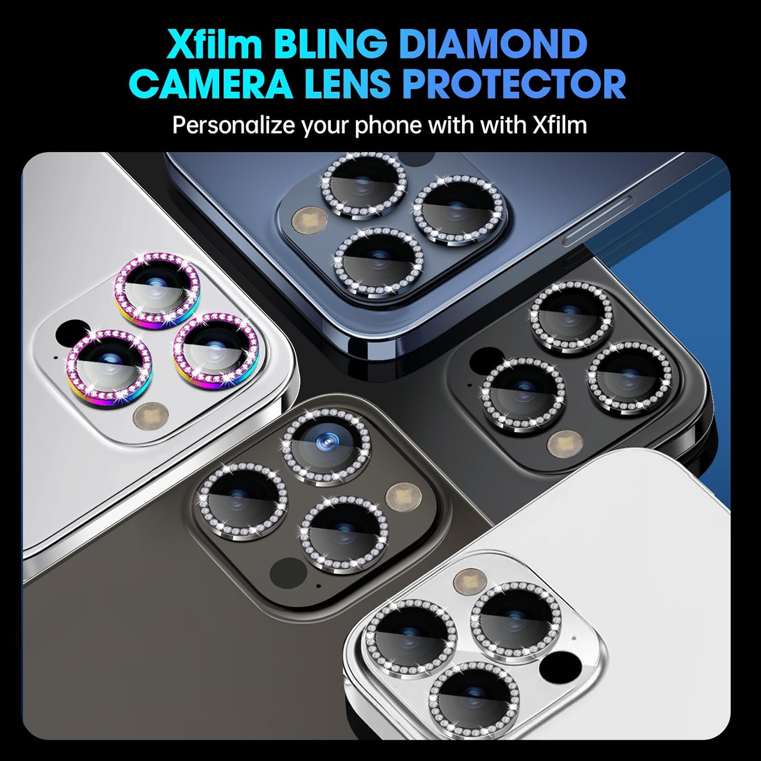 Xfilm Camera Lens Protector Compatible for iPhone 15 Pro / 15 Pro Max Bling, Individual Metal Diamond Ring 9H Hardness Scratchproof Protector, Stylish Accessories, Case Friendly (Silver Diamond)