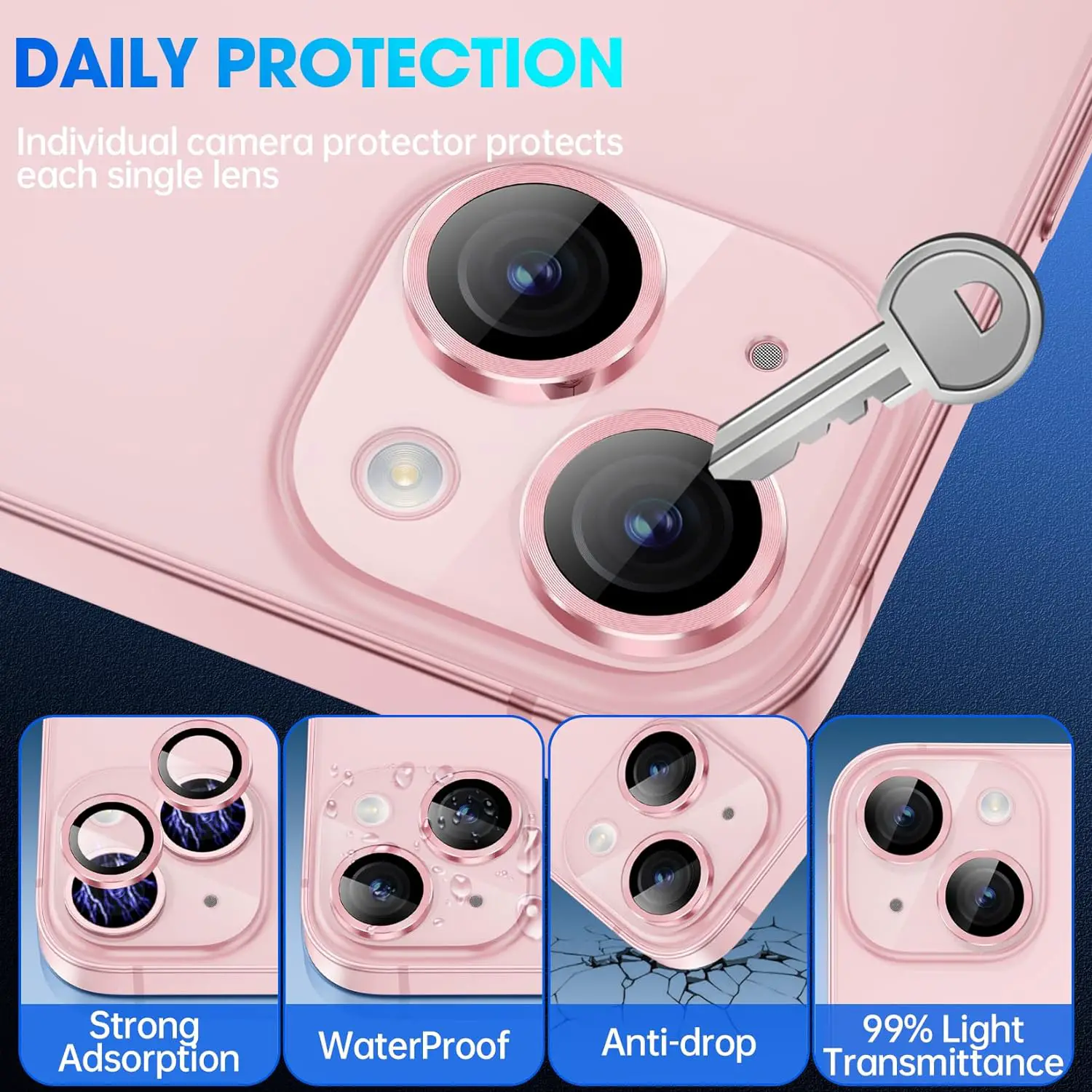 Xfilm Camera Lens Protector Compatible for iPhone 15/15 Plus, Individual Metal Ring 9H Hardness Scratchproof Protector, Stylish Accessories, Case Friendly (Pink)
